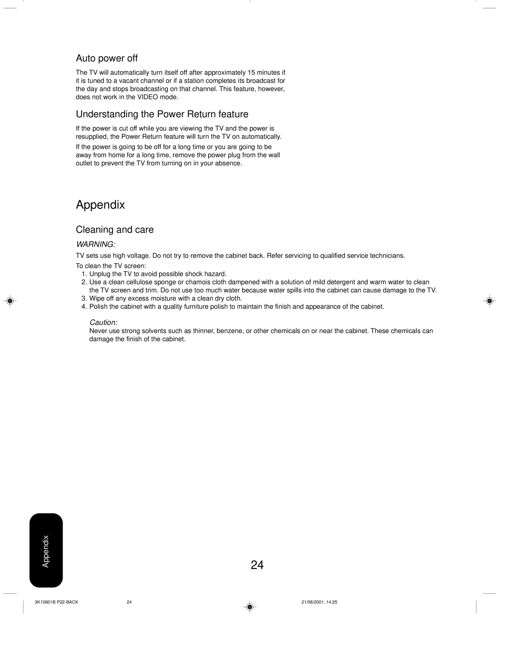 Toshiba 27A41 Appendix, Auto power off, Understanding the Power Return feature, Cleaning and care, To clean the TV screen 