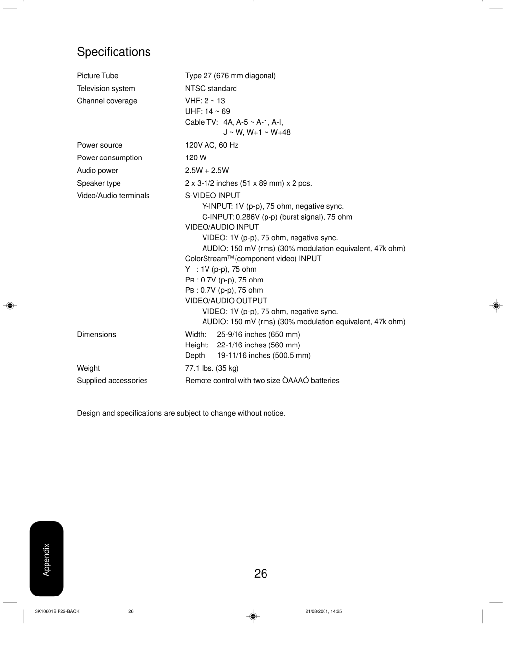 Toshiba 27A41 appendix Specifications, VIDEO/AUDIO Input 