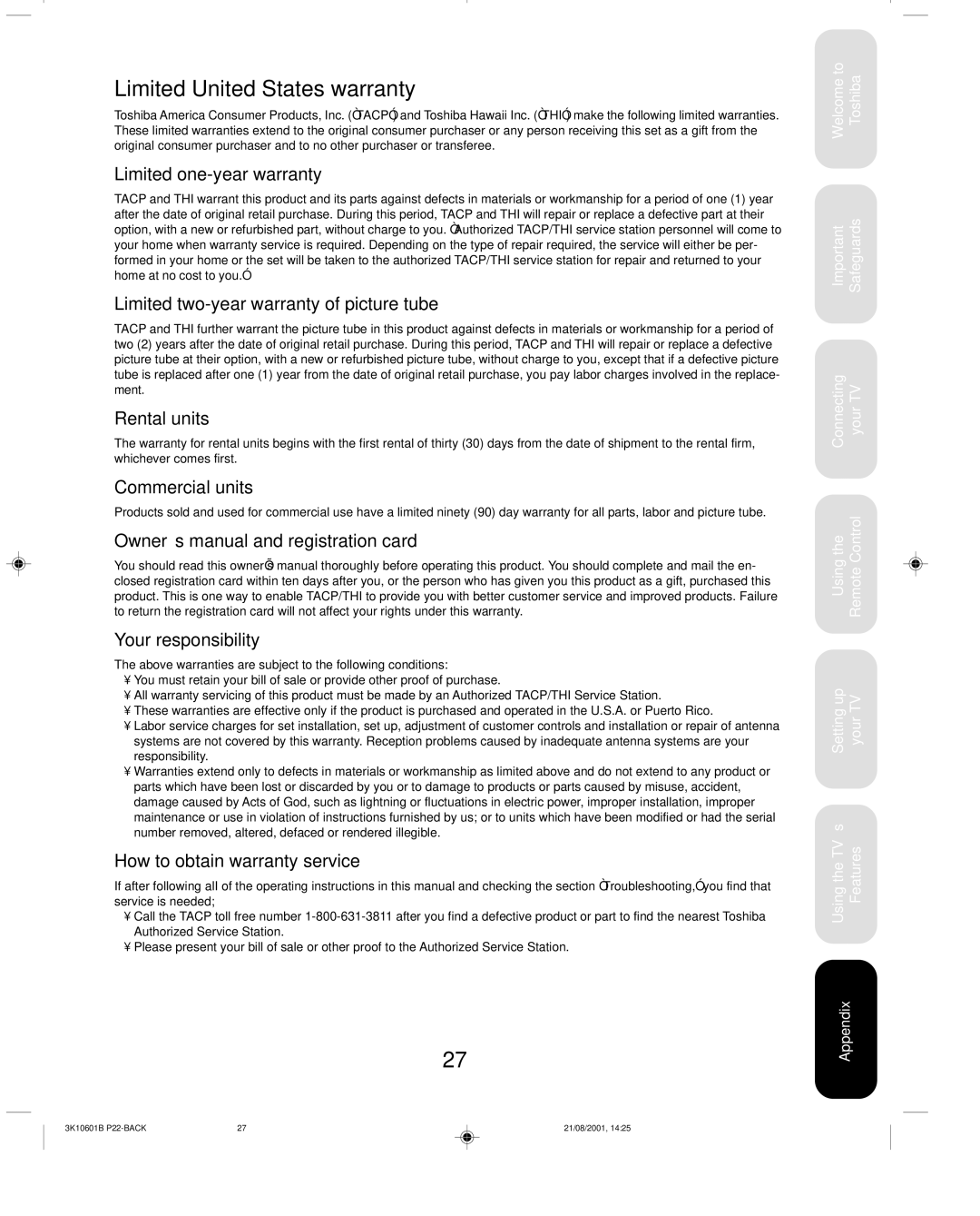 Toshiba 27A41 appendix Limited United States warranty 