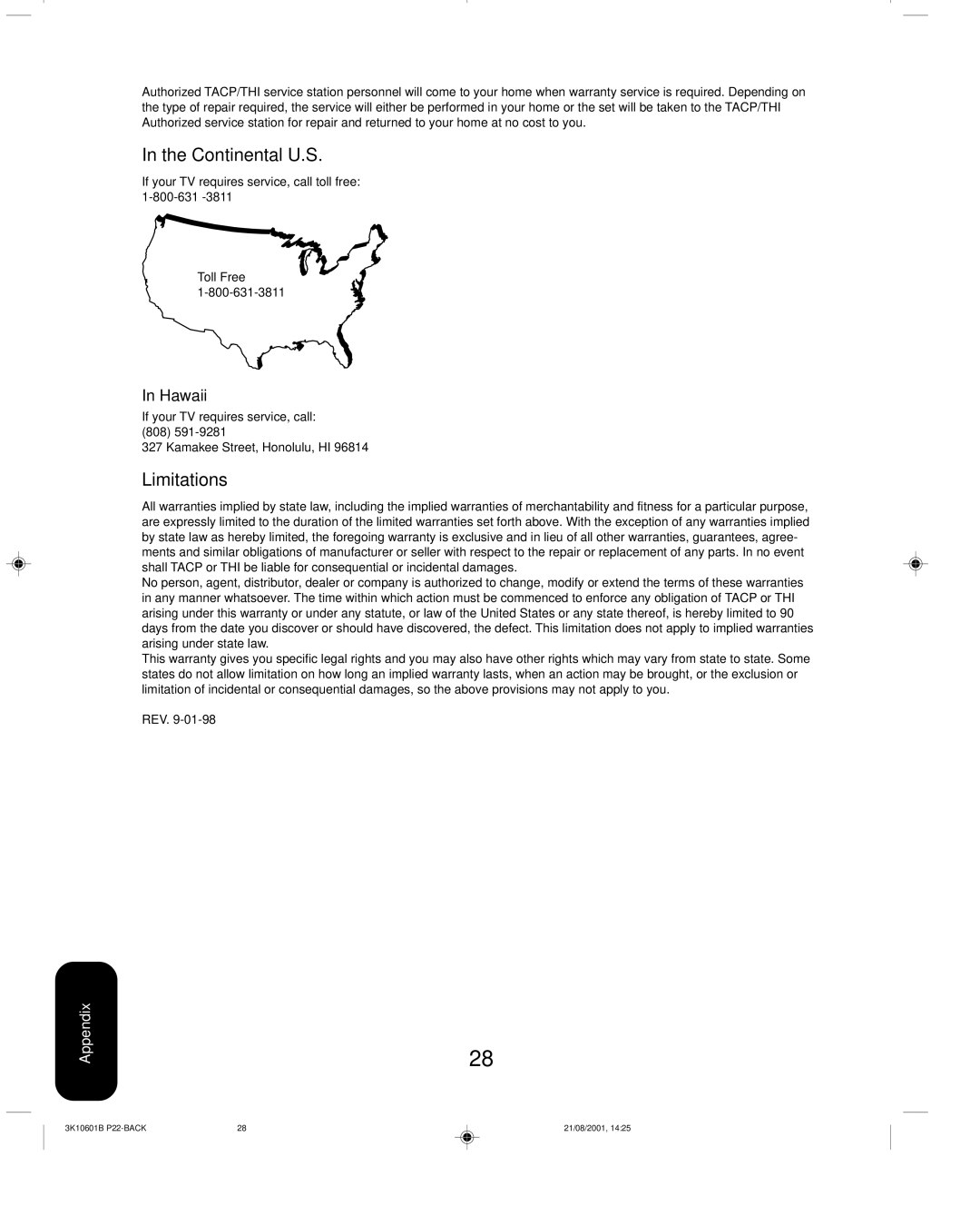 Toshiba 27A41 Continental U.S, Limitations, Hawaii, If your TV requires service, call toll free 1-800-631, Toll Free 