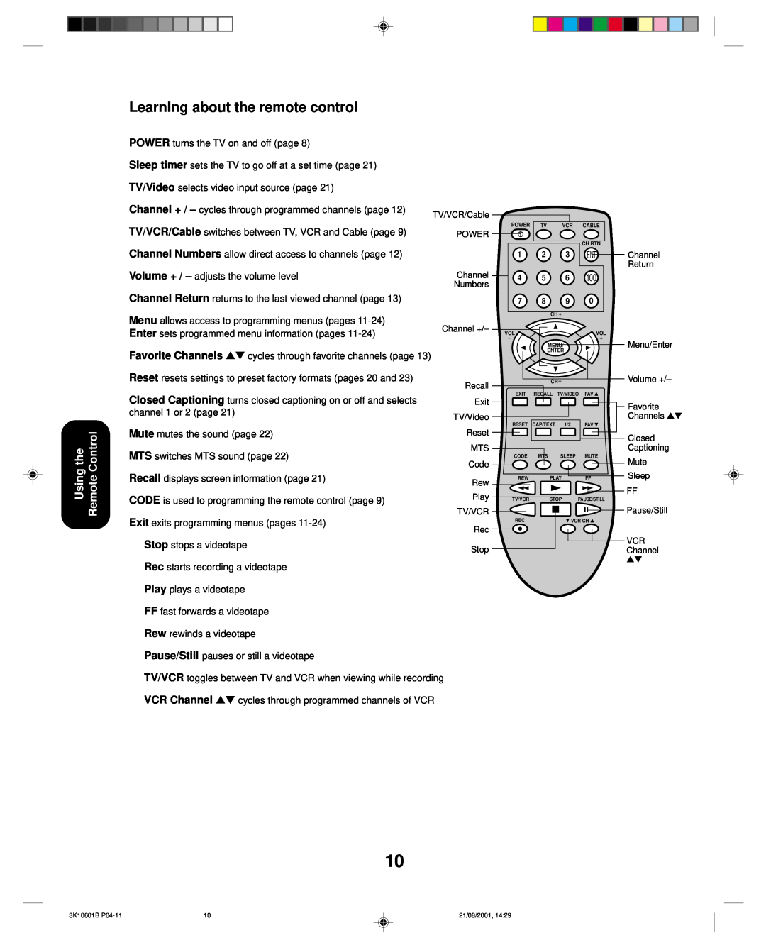 Toshiba 27A41 appendix Learning about the remote control, Using the Remote Control 