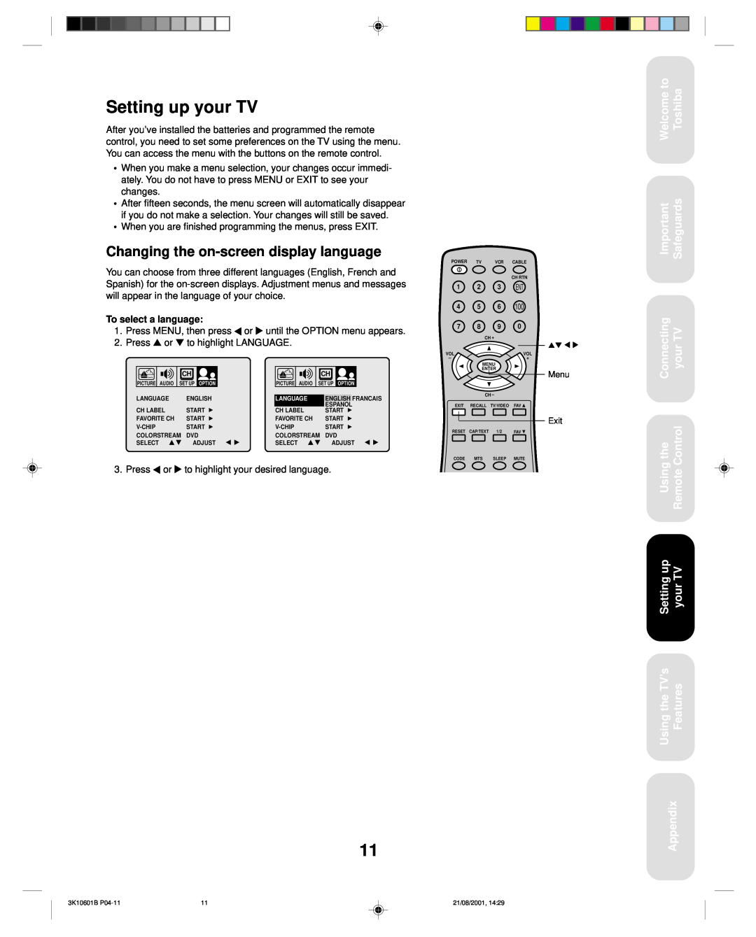 Toshiba 27A41 Setting up your TV, Changing the on-screen display language, Welcome to Toshiba, Safeguards, Appendix 