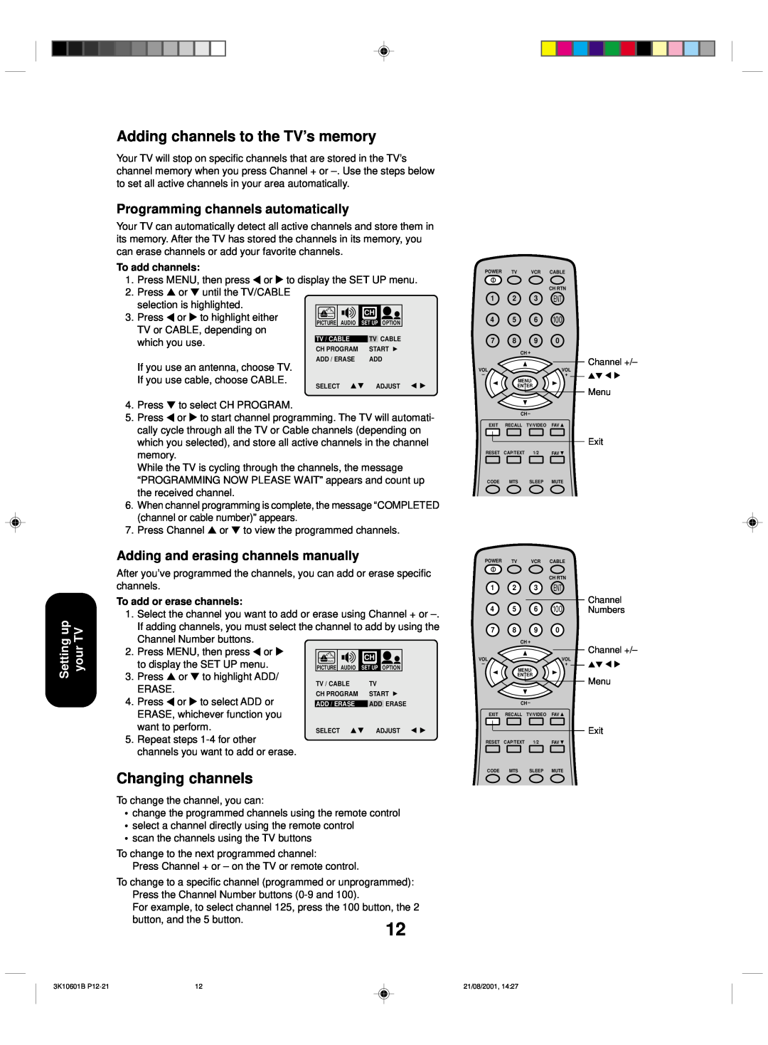 Toshiba 27A41 Adding channels to the TV’s memory, Changing channels, Programming channels automatically, To add channels 