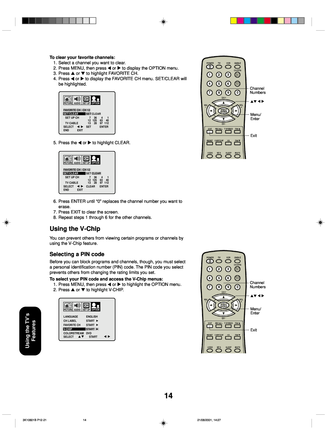 Toshiba 27A41 appendix Using the V-Chip, Selecting a PIN code, To clear your favorite channels 