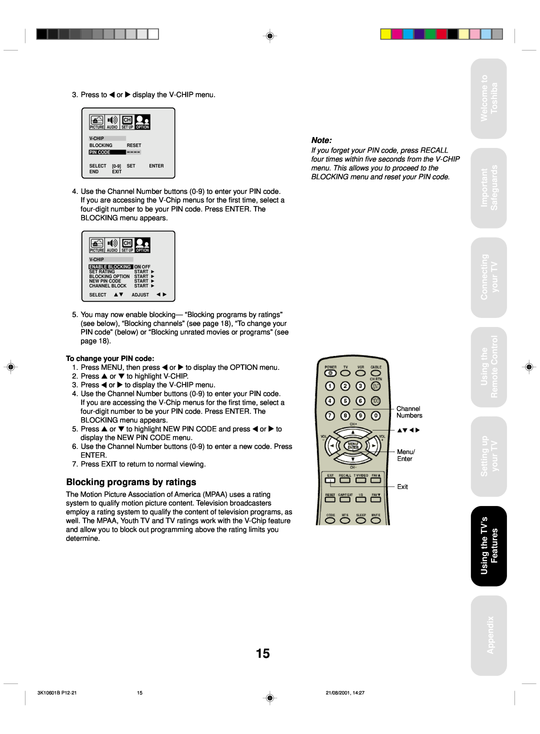 Toshiba 27A41 appendix Blocking programs by ratings, Using the TV’s Features, Welcome to Toshiba, Safeguards, Appendix 