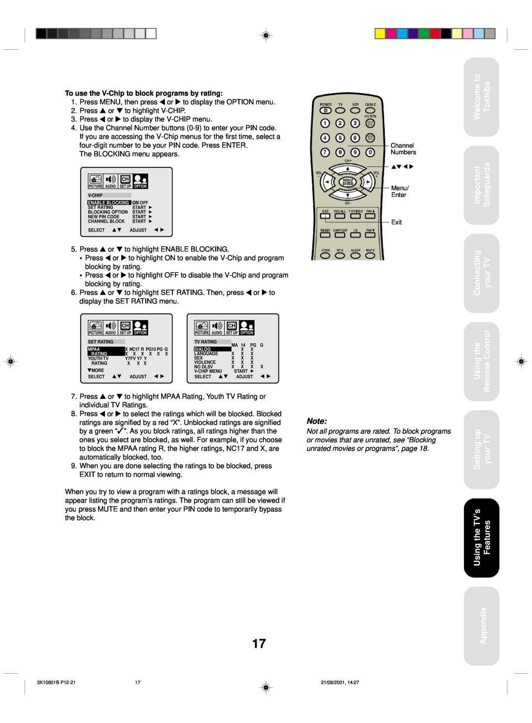Toshiba 27A41 appendix Connecting your TV Using the Remote Control, Welcome to Toshiba, Safeguards, Appendix 