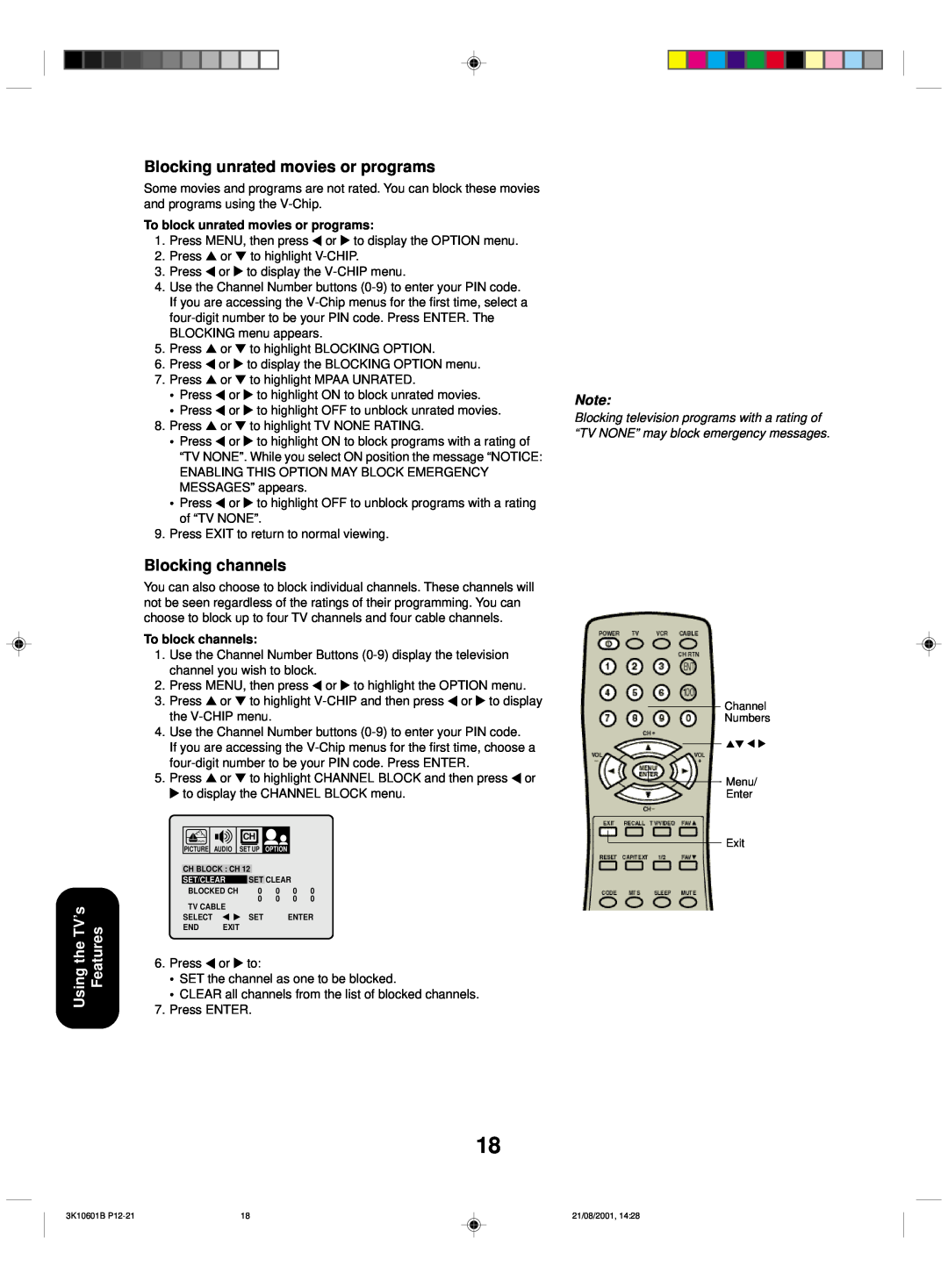 Toshiba 27A41 appendix Blocking unrated movies or programs, Blocking channels, Using the TV’s Features, To block channels 
