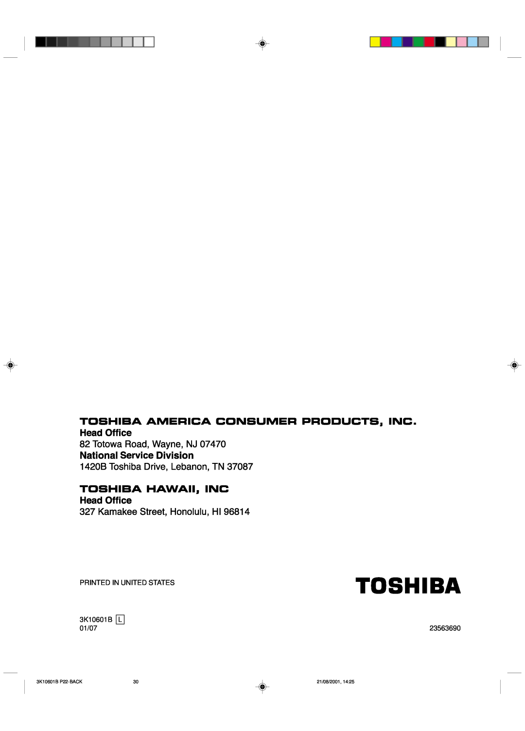 Toshiba 27A41 appendix Printed In United States, 3K10601B, 01/07, 23563690 