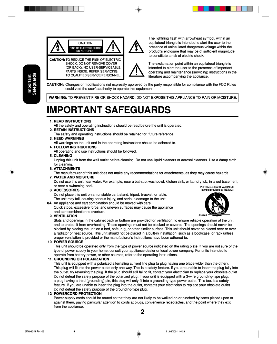 Toshiba 27A41 Important Safeguards, Read Instructions, Retain Instructions, Heed Warnings, Follow Instructions, Cleaning 
