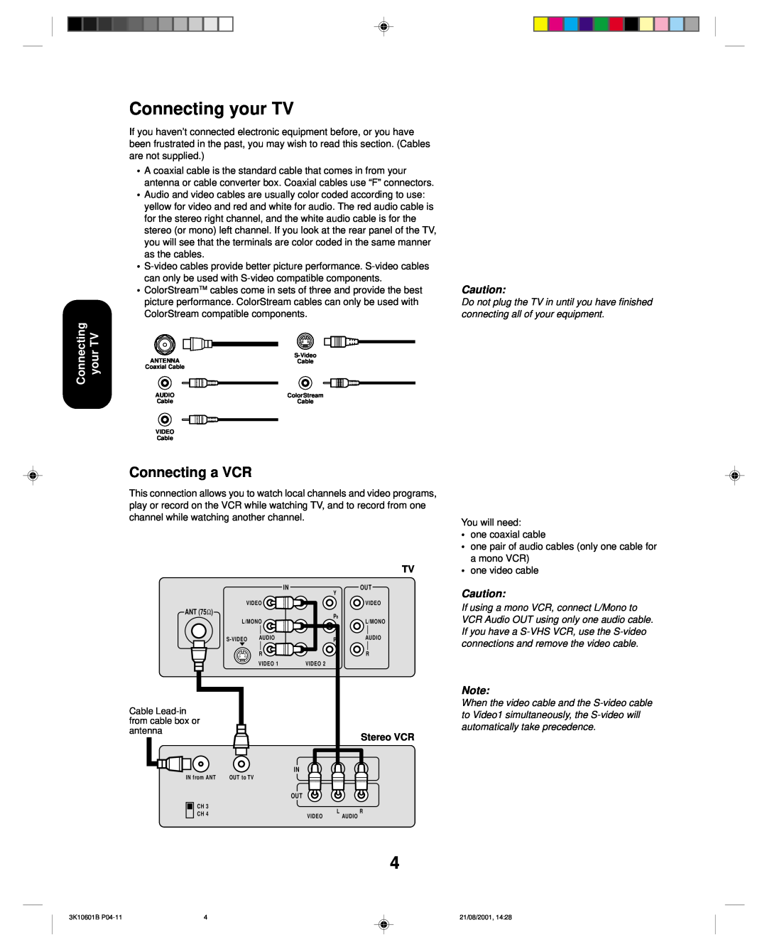 Toshiba 27A41 appendix Connecting your TV, Connecting a VCR, connecting all of your equipment, Stereo VCR 