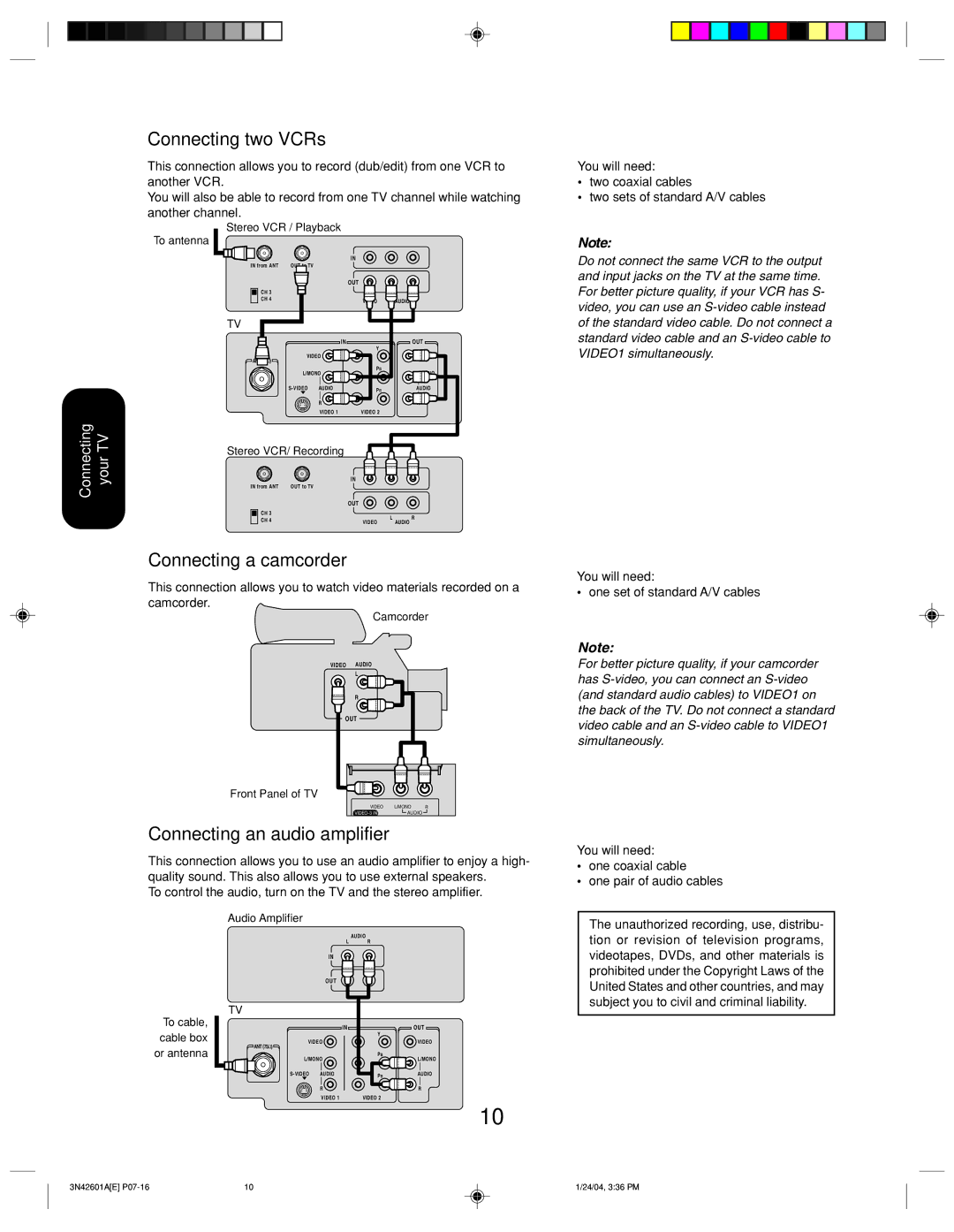 Toshiba 27A44 appendix Connecting two VCRs, Connecting a camcorder, Connecting an audio amplifier, One coaxial cable 