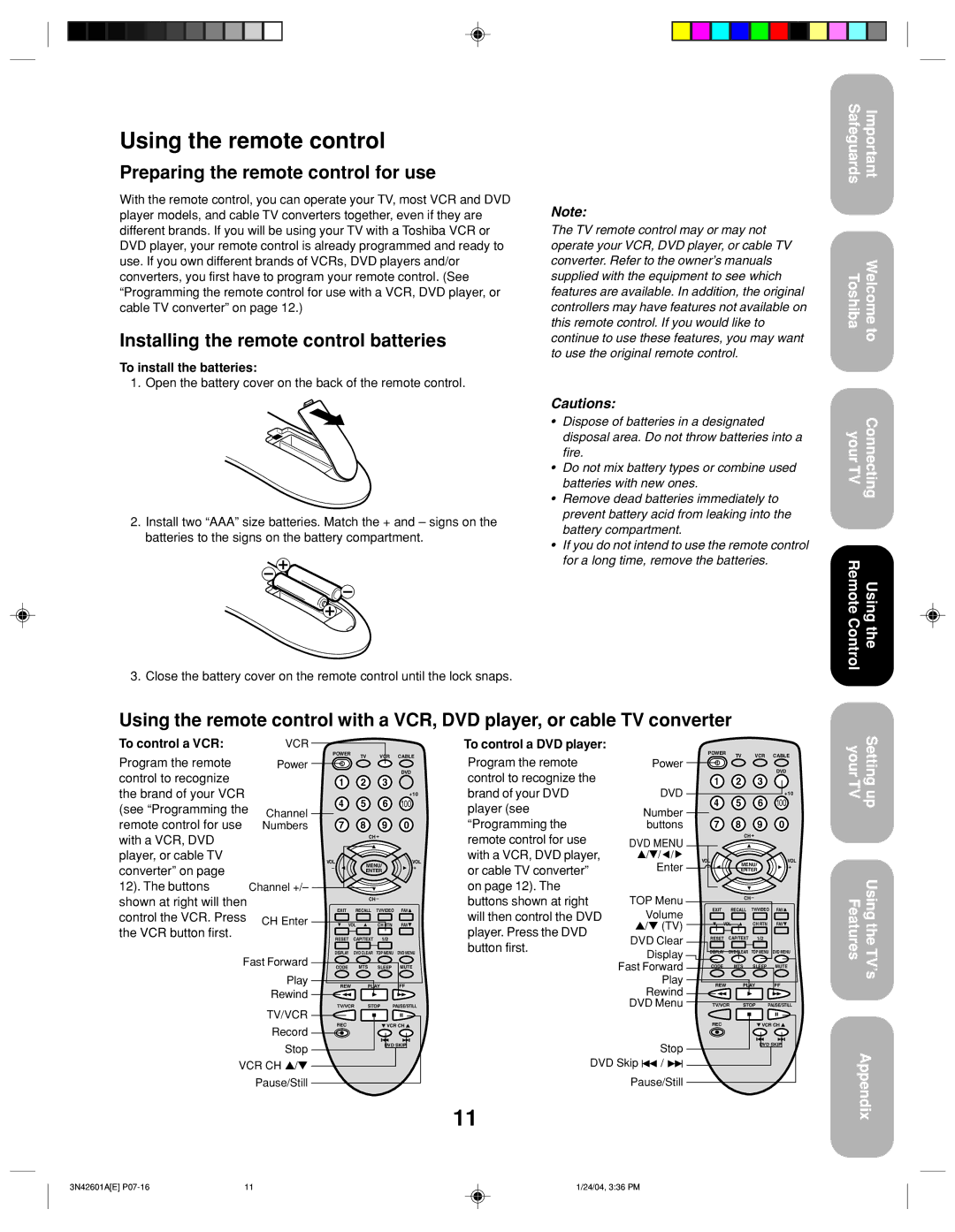 Toshiba 27A44 Using the remote control, Preparing the remote control for use, Installing the remote control batteries 