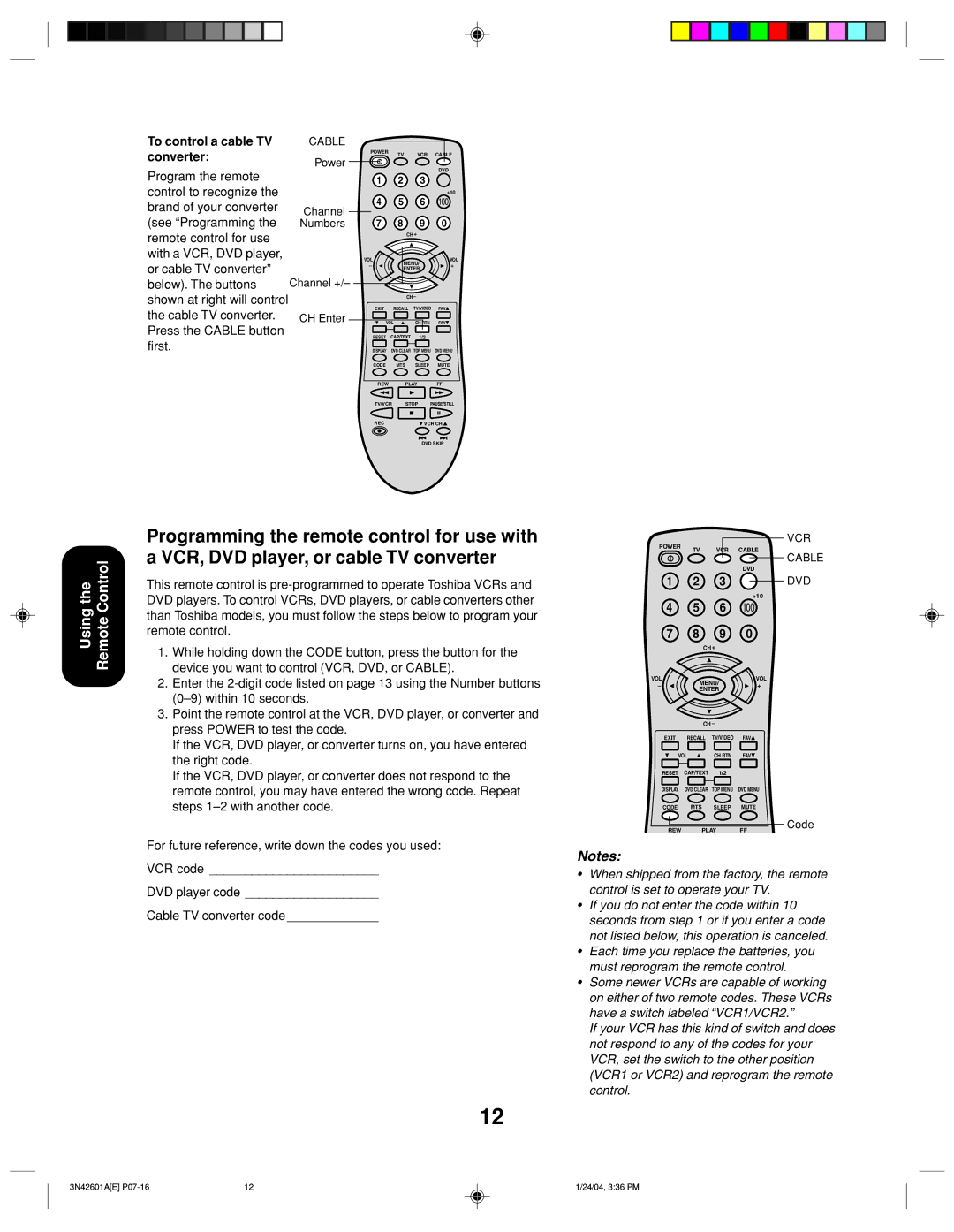 Toshiba 27A44 appendix To control a cable TV, Converter, Code 