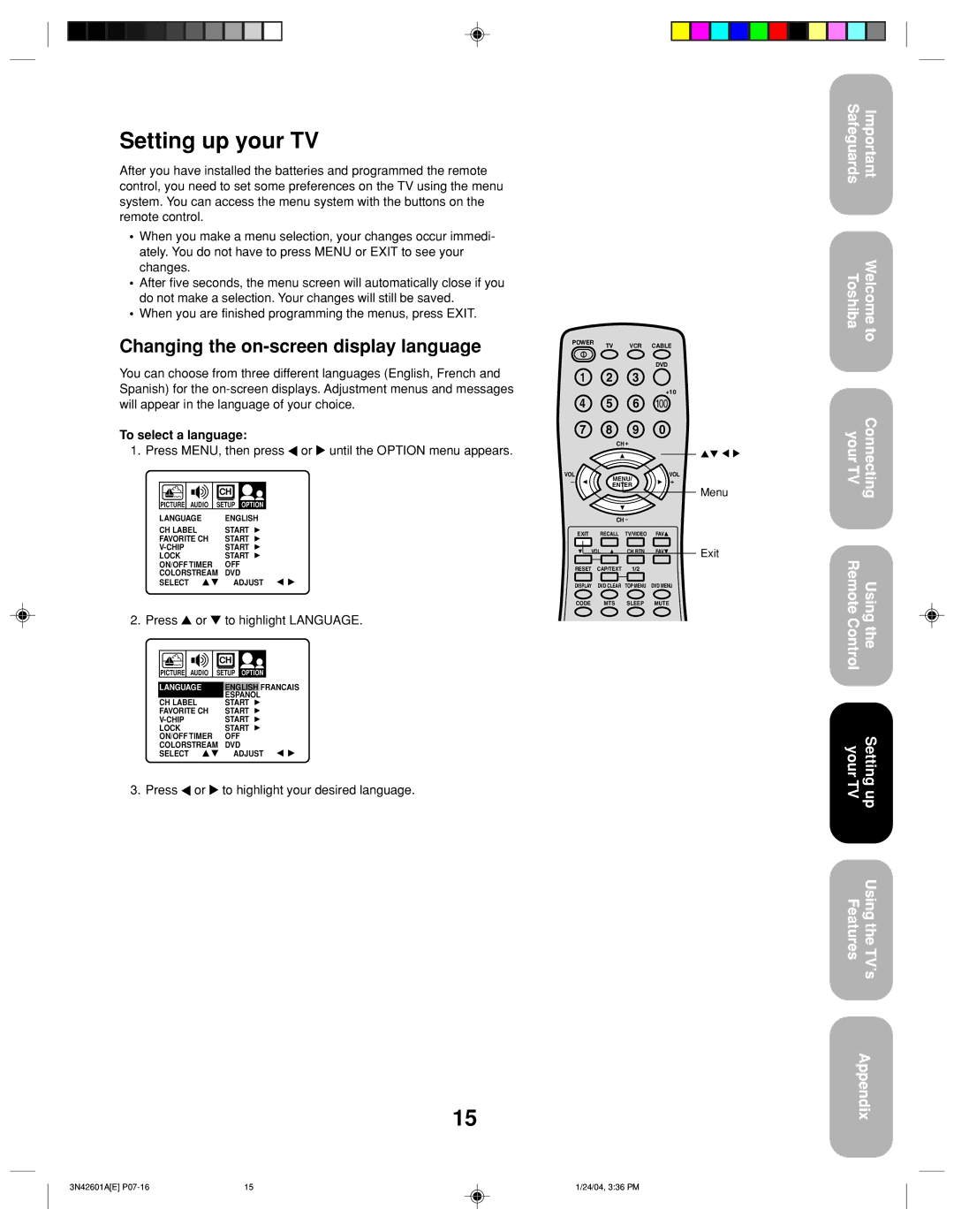 Toshiba 27A44 appendix Setting up your TV, Changing the on-screen display language, To select a language 