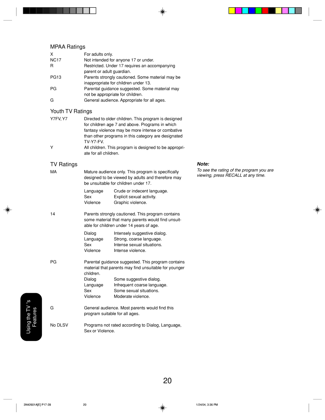 Toshiba 27A44 appendix Mpaa Ratings, Youth TV Ratings 