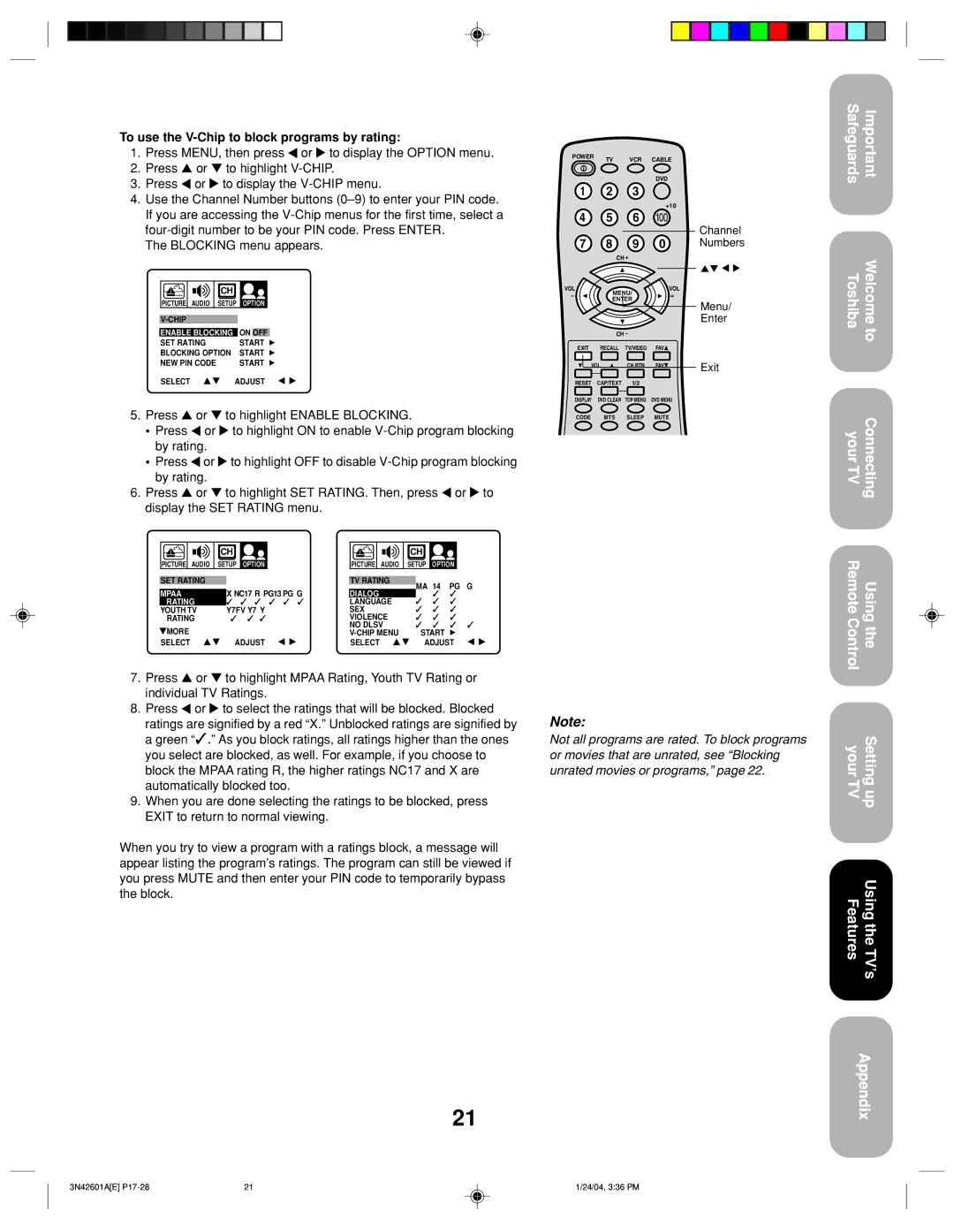 Toshiba 27A44 appendix Safeguards Toshiba Your TV Welcome to Connecting, To use the V-Chip to block programs by rating 