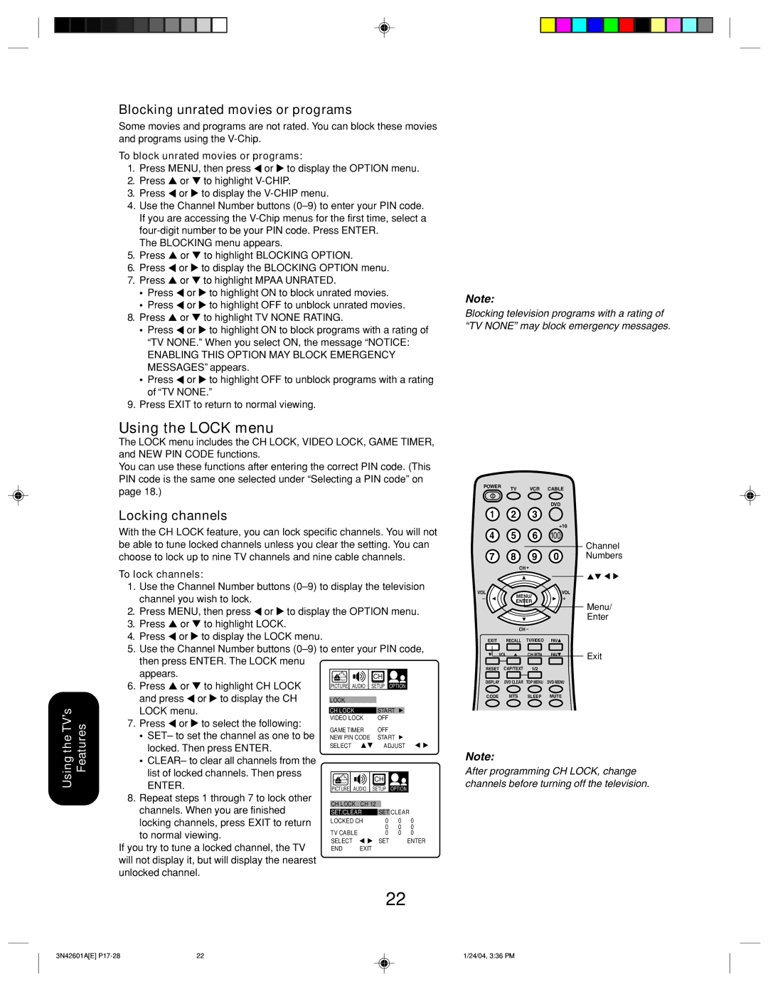 Toshiba 27A44 appendix Using the Lock menu, Blocking unrated movies or programs, Locking channels 