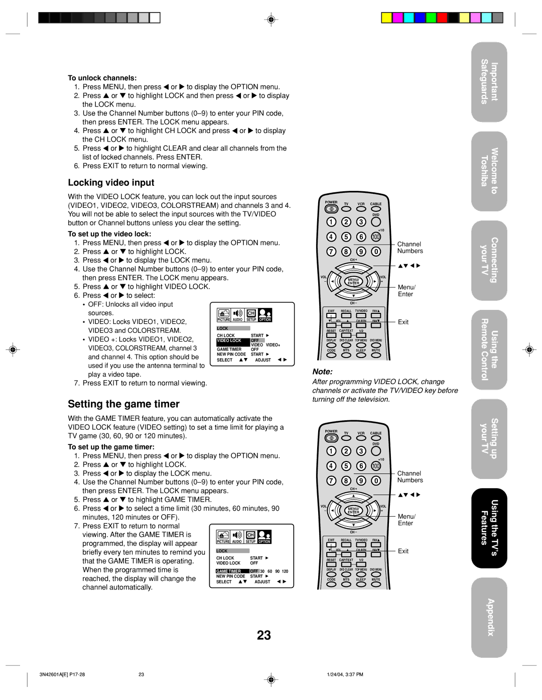 Toshiba 27A44 appendix Setting the game timer, Locking video input 