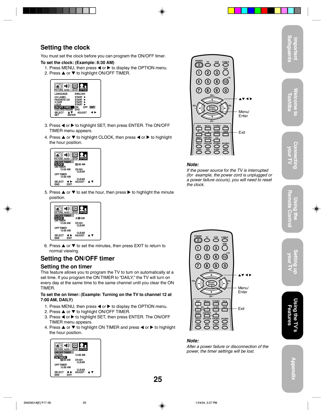 Toshiba 27A44 appendix Setting the clock, Setting the ON/OFF timer, Setting the on timer, To set the clock Example 830 AM 