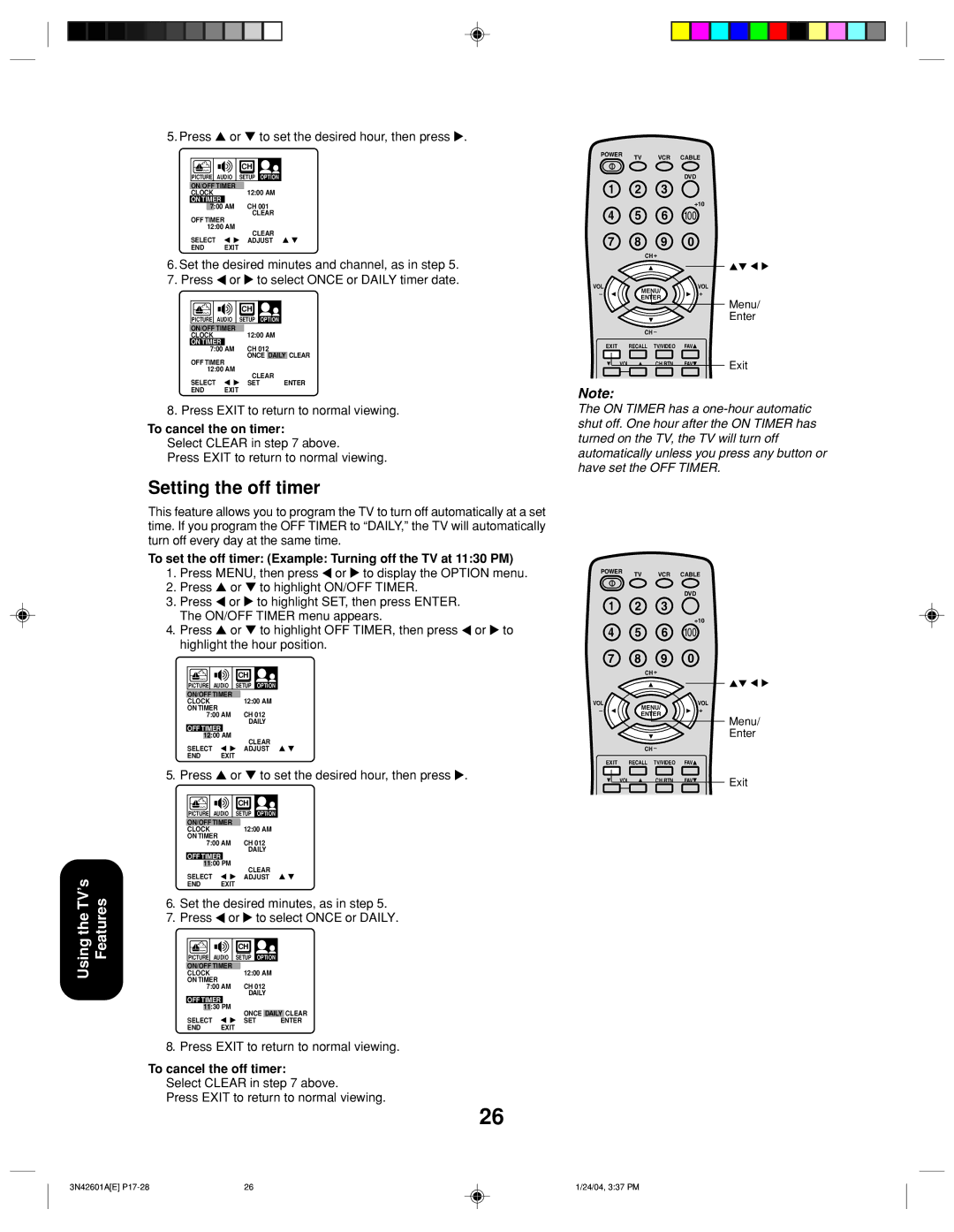 Toshiba 27A44 appendix Setting the off timer, Press or to set the desired hour, then press, To cancel the on timer 