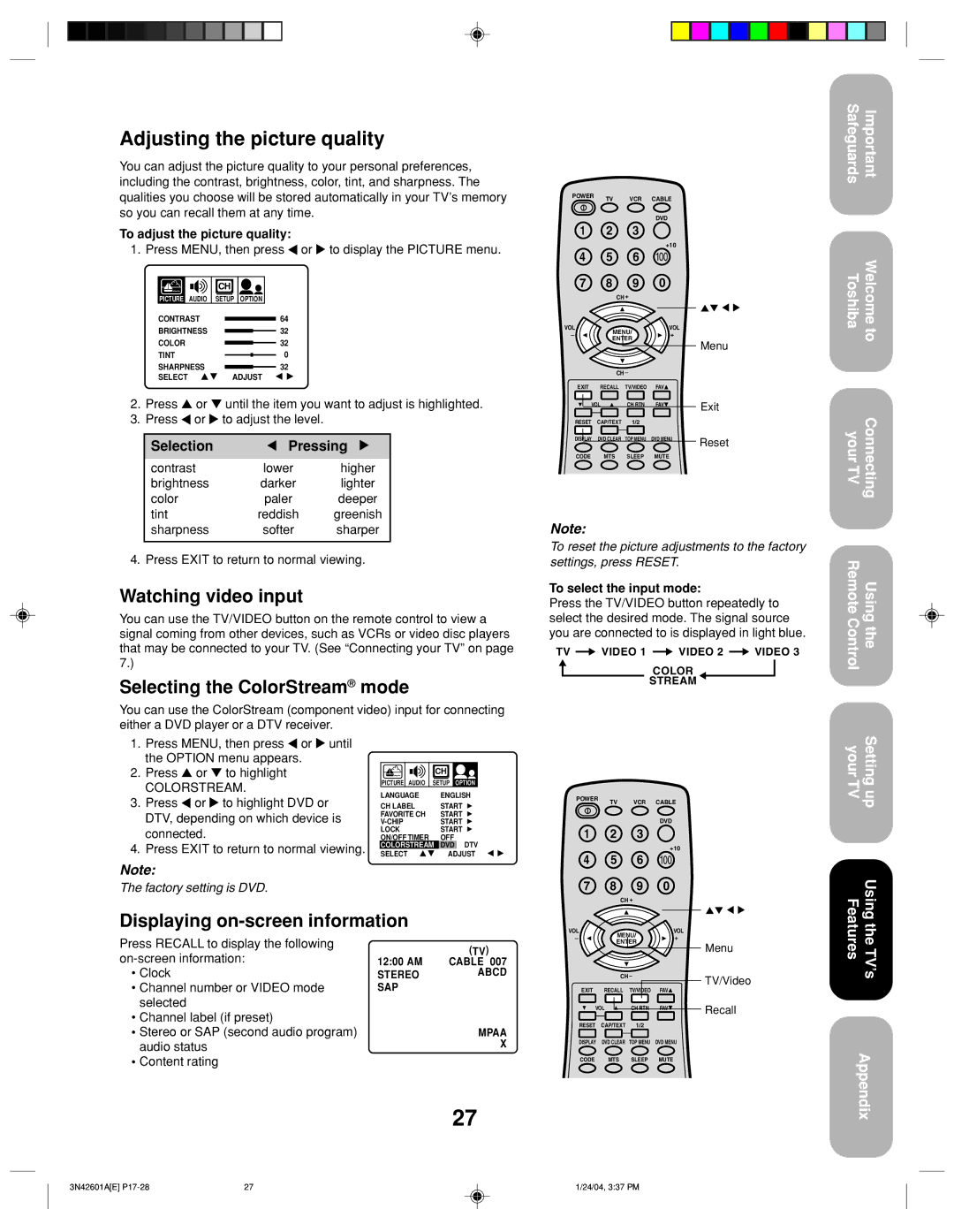 Toshiba 27A44 appendix Watching video input, Selecting the ColorStream mode, Displaying on-screen information 