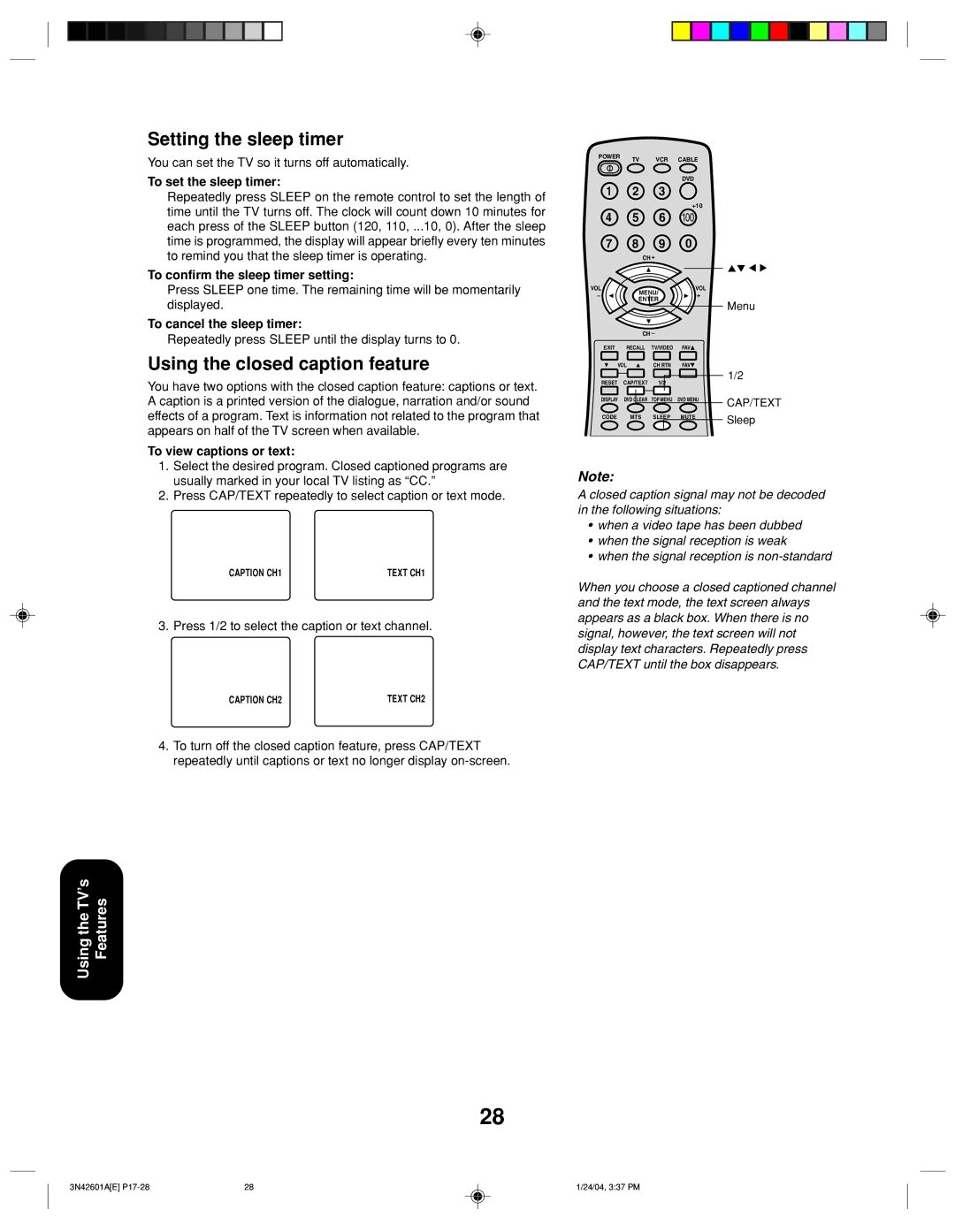 Toshiba 27A44 appendix Setting the sleep timer, Using the closed caption feature 