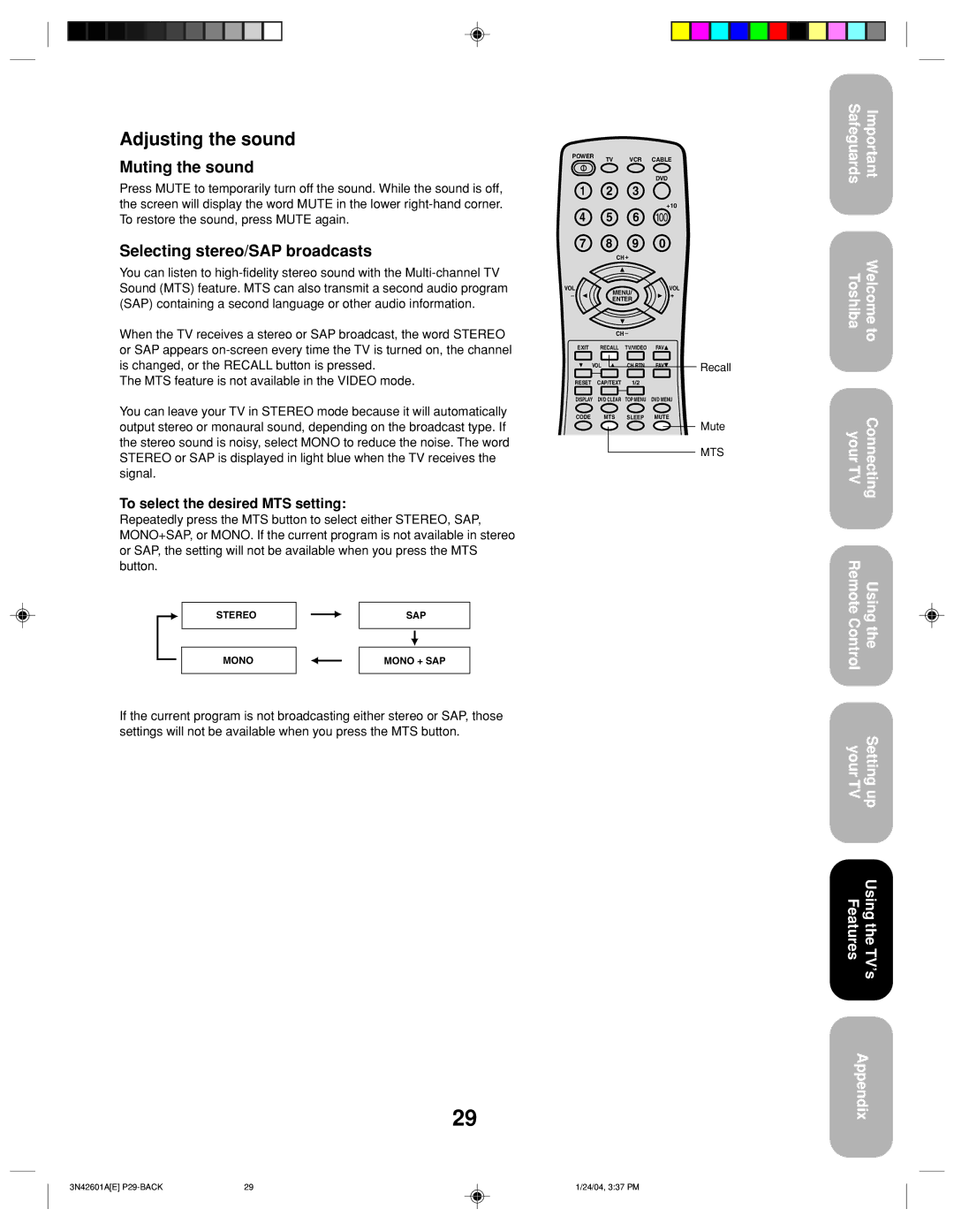 Toshiba 27A44 appendix Adjusting the sound, Muting the sound, Selecting stereo/SAP broadcasts 