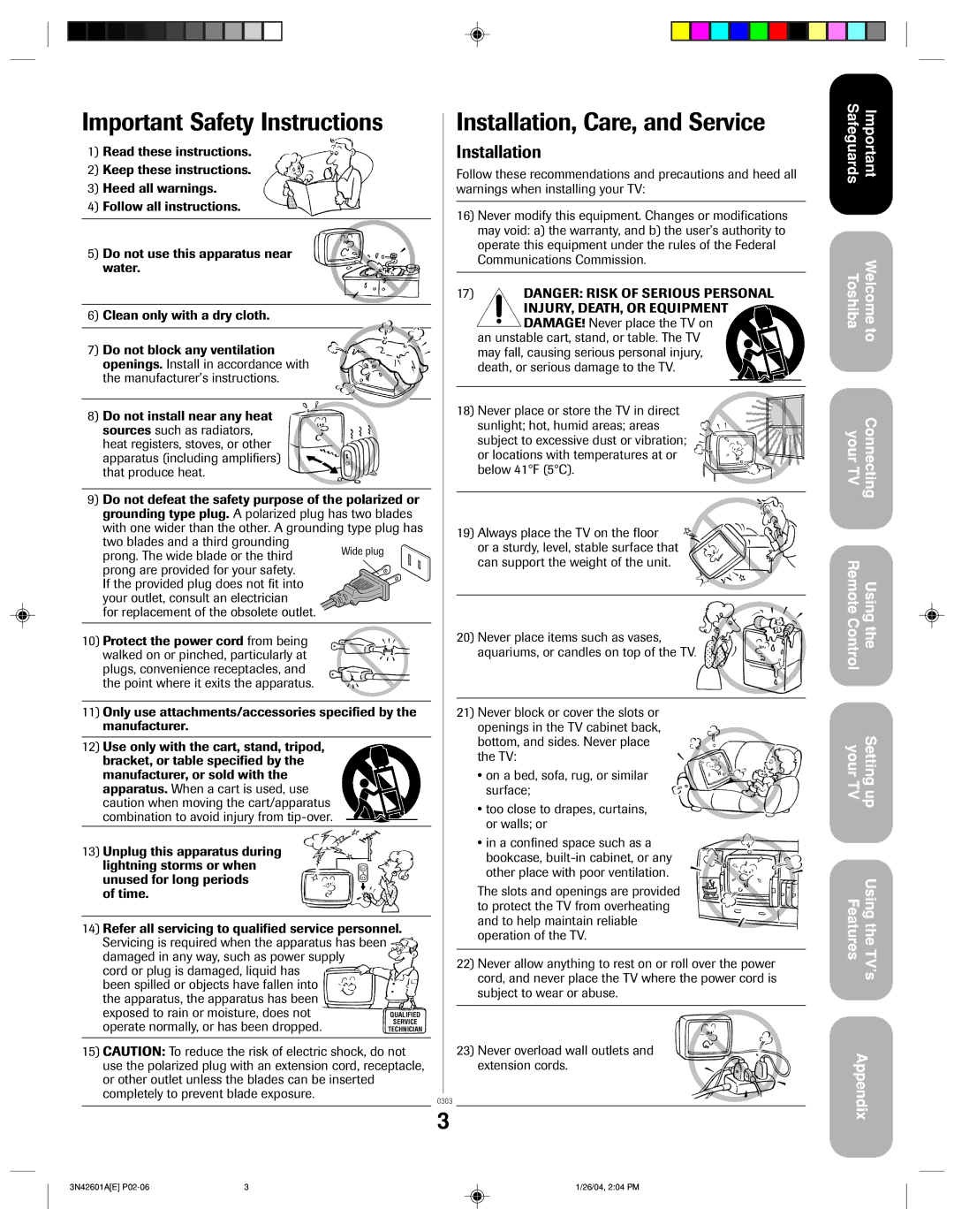 Toshiba 27A44 appendix Important Safety Instructions 