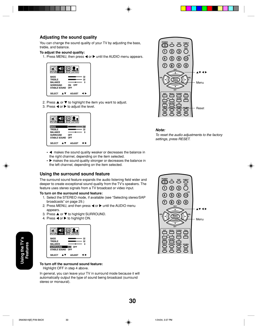 Toshiba 27A44 appendix Adjusting the sound quality, Using the surround sound feature, To adjust the sound quality 