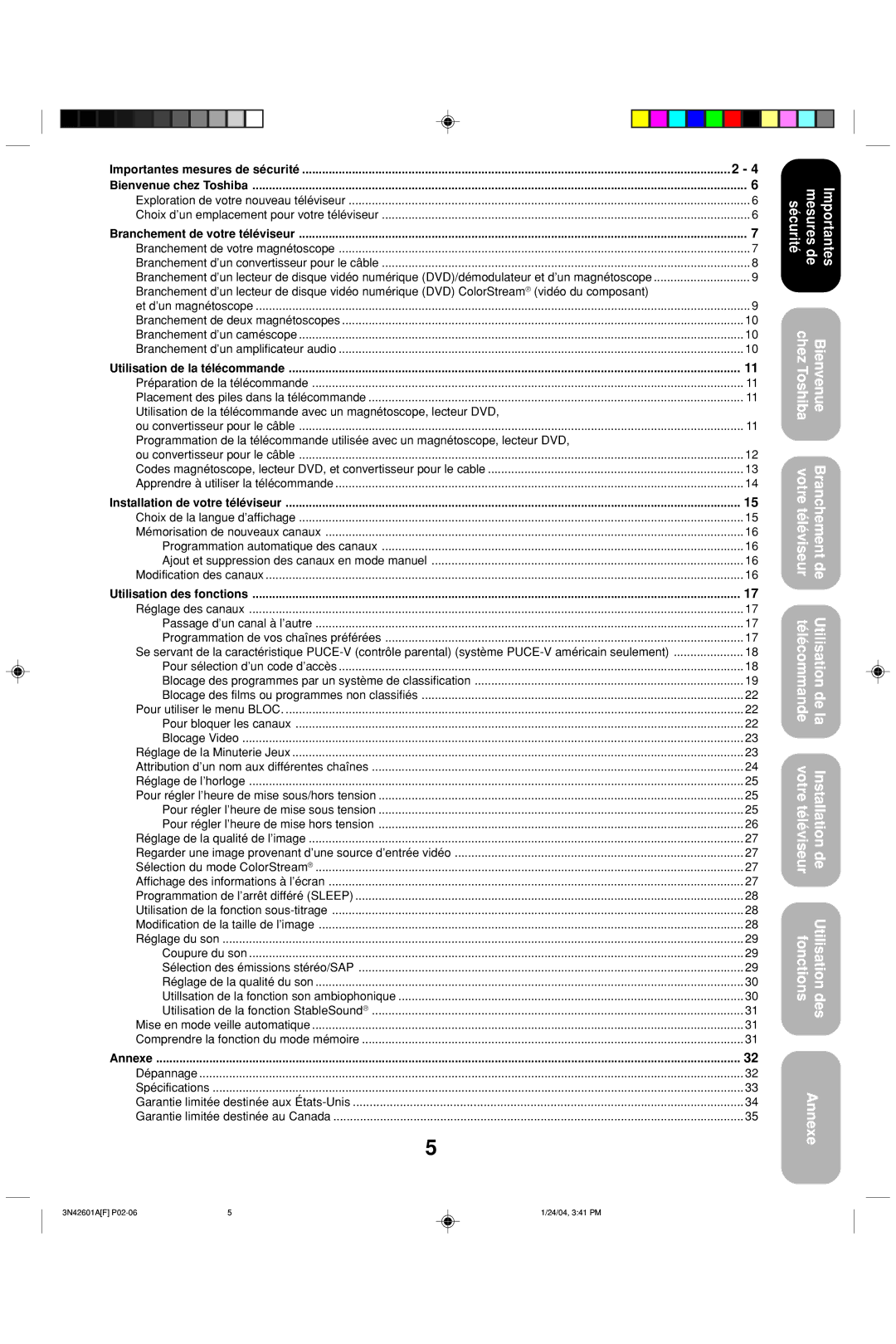 Toshiba 27A44 appendix Importantes mesures de sécurité Bienvenue chez Toshiba, Branchement de votre téléviseur, Annexe 