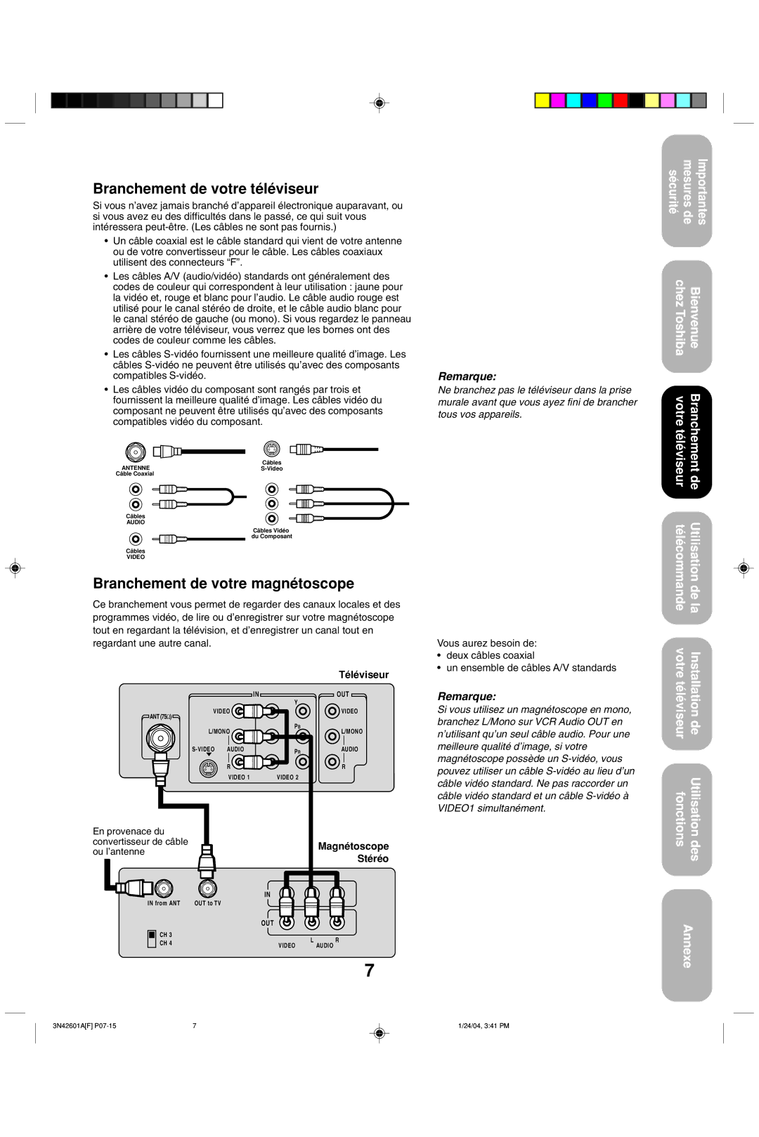 Toshiba 27A44 appendix Branchement de votre téléviseur, Branchement de votre magnétoscope, Téléviseur, Magnétoscope Stéréo 