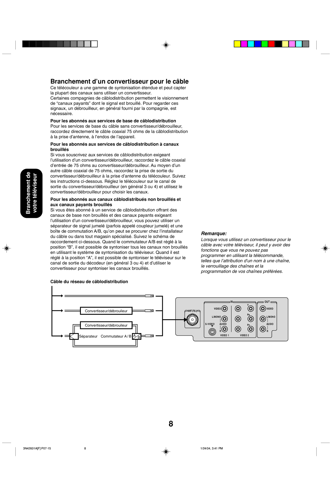 Toshiba 27A44 appendix Branchement d’un convertisseur pour le câble, La prise d’antenne, à l’endos de l’appareil 