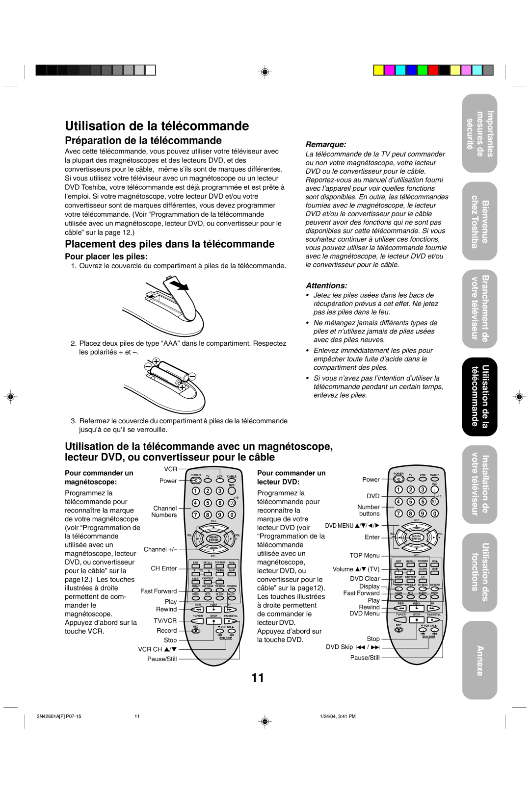 Toshiba 27A44 Utilisation de la télécommande, Préparation de la télécommande, Placement des piles dans la télécommande 