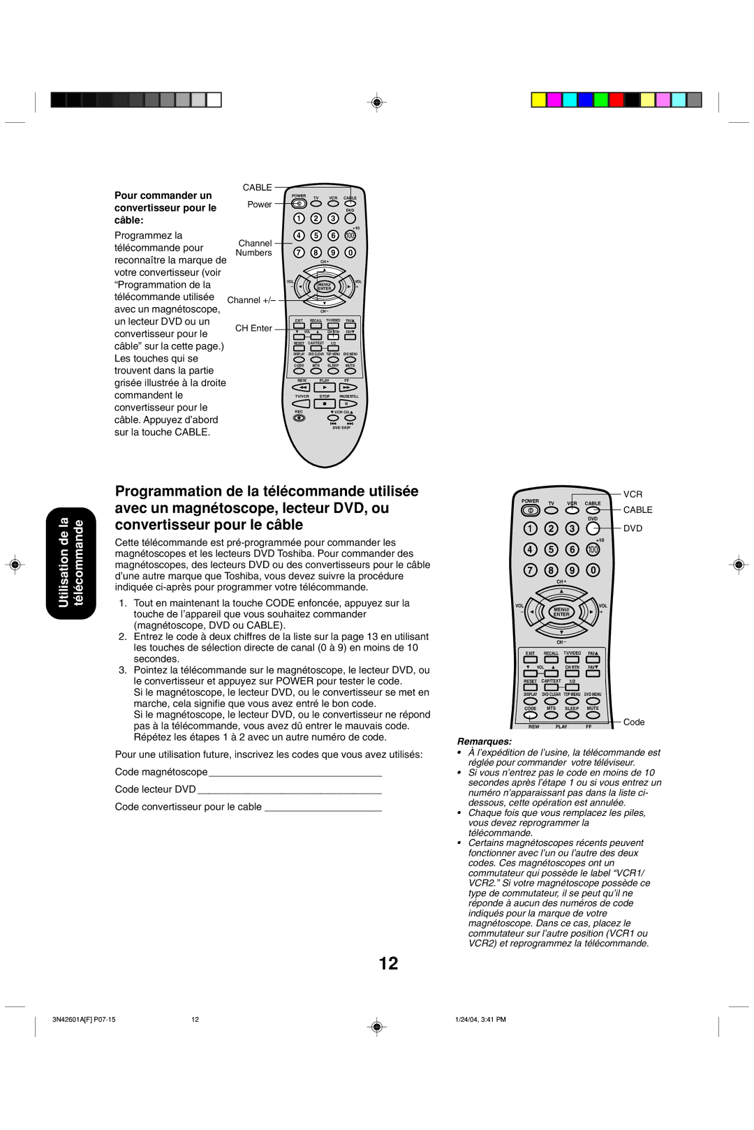 Toshiba 27A44 appendix Câble, Programmez la, Power 