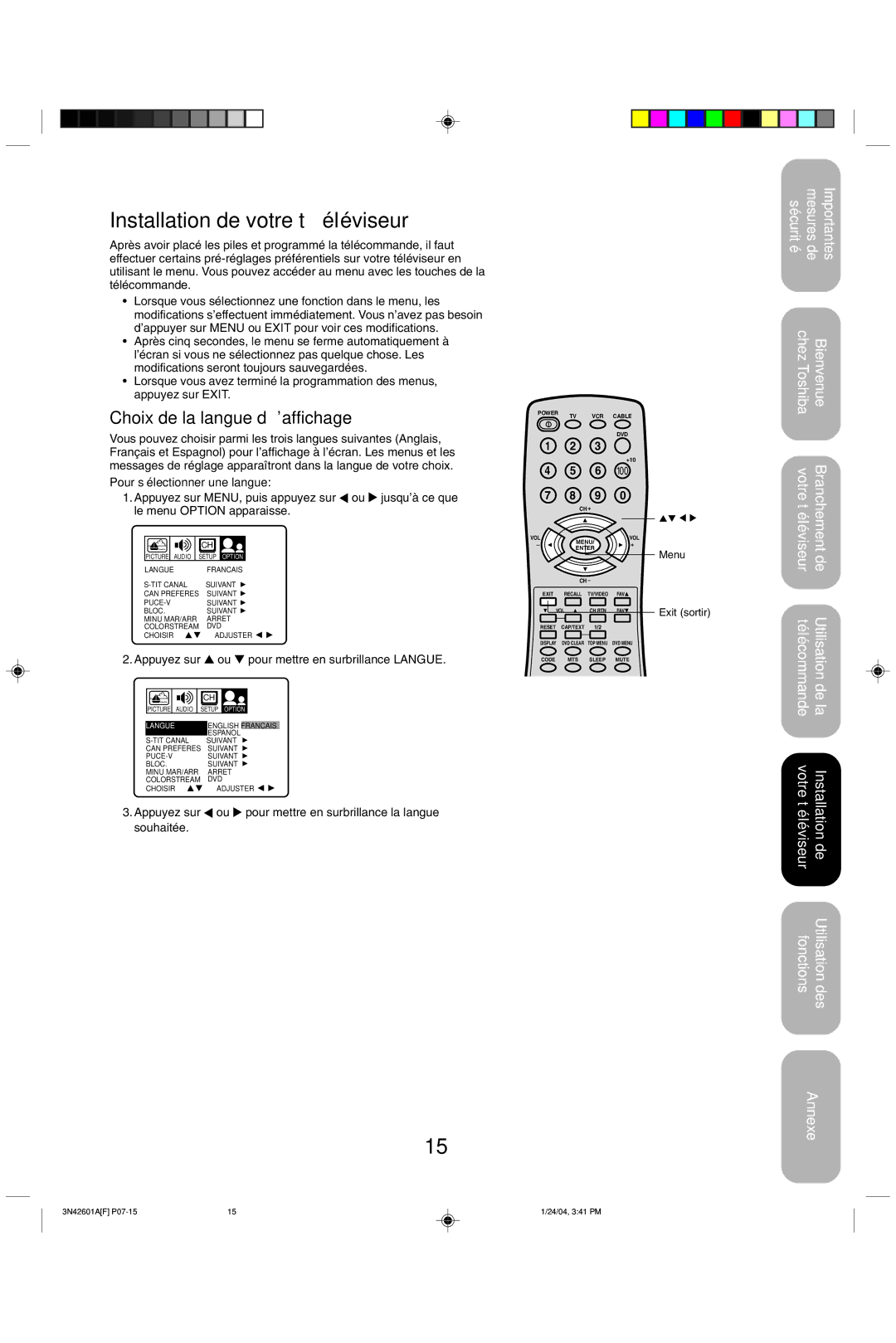 Toshiba 27A44 appendix Installation de votre téléviseur, Choix de la langue d’affichage, Pour sélectionner une langue 