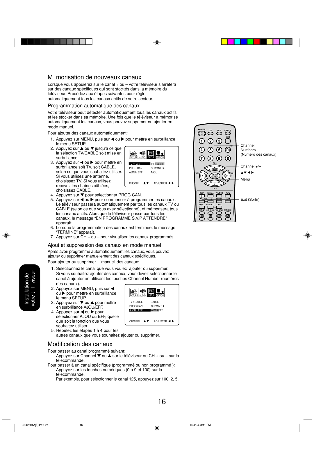 Toshiba 27A44 appendix Mémorisation de nouveaux canaux, Modification des canaux, Programmation automatique des canaux 