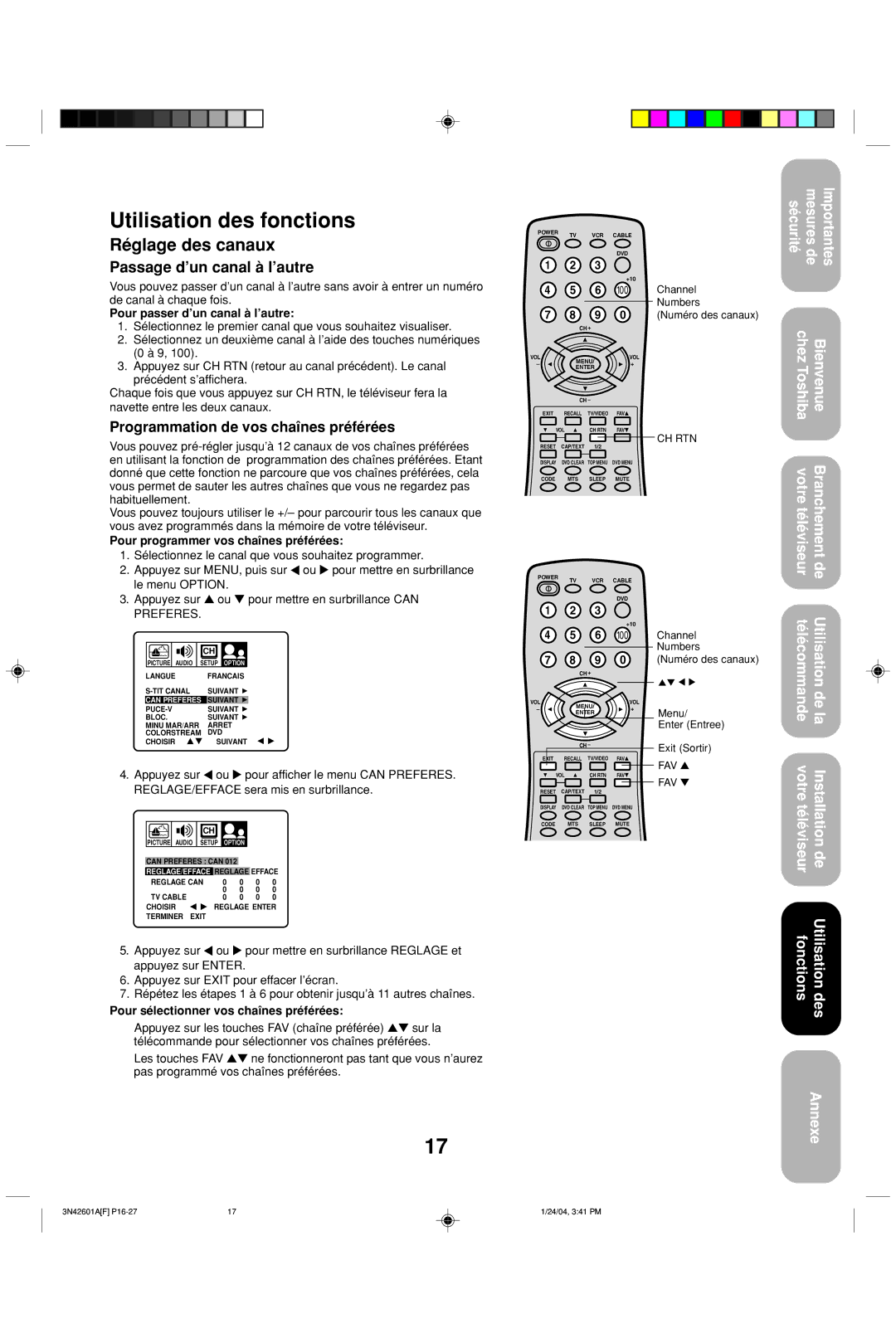 Toshiba 27A44 appendix Utilisation des fonctions, Réglage des canaux, Passage d’un canal à l’autre 