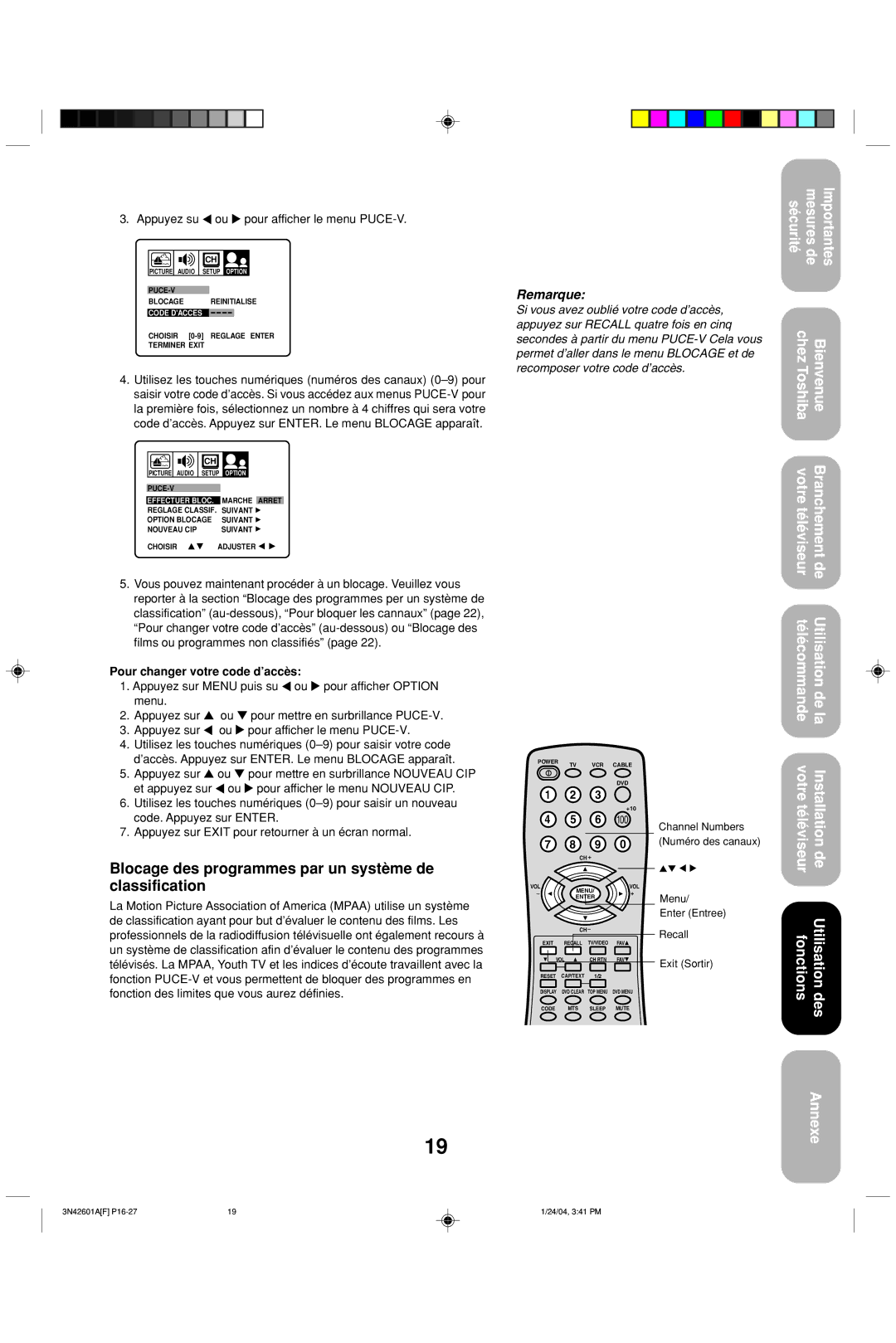 Toshiba 27A44 appendix Blocage des programmes par un système de classification, Appuyez su ou pour afficher le menu PUCE-V 