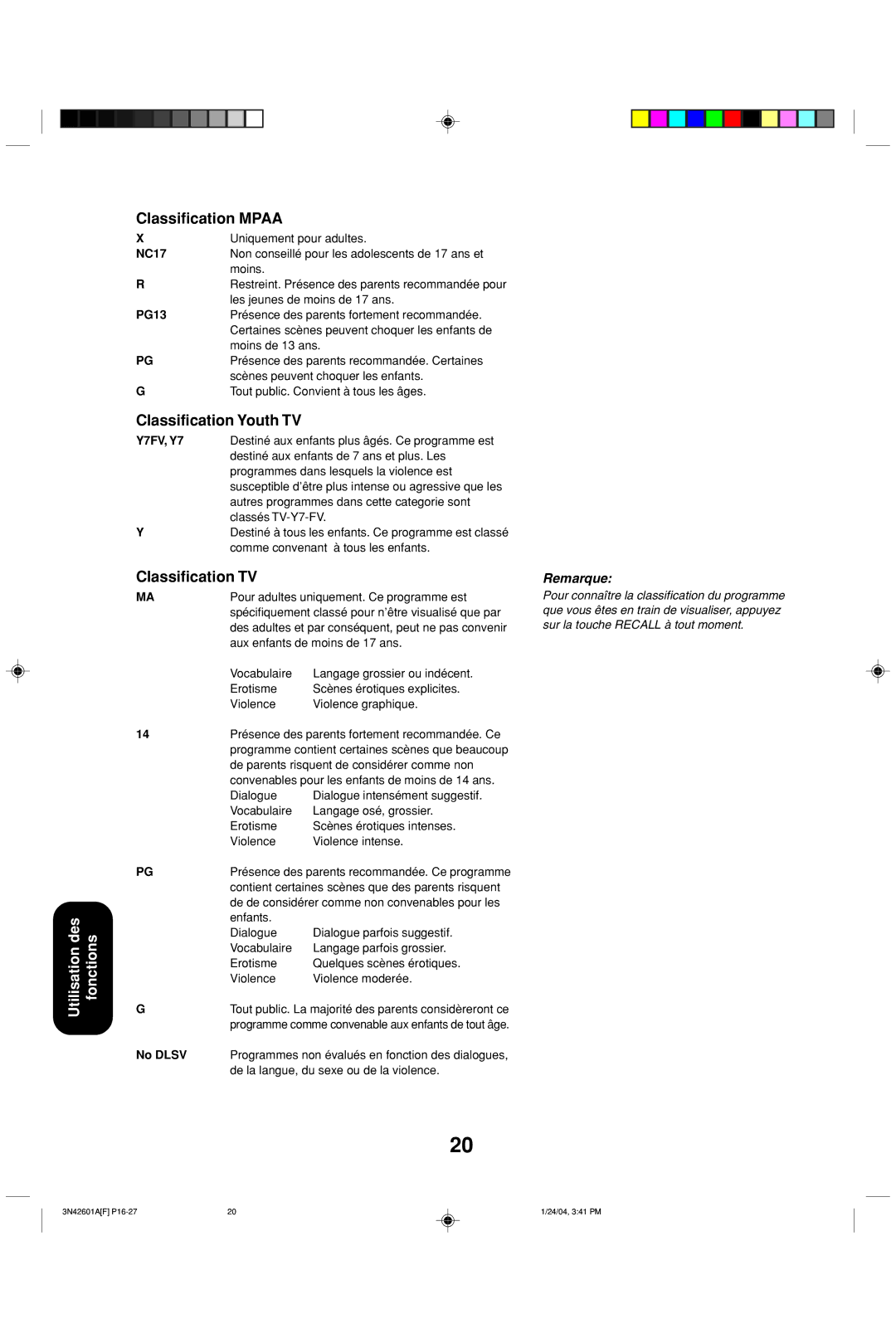 Toshiba 27A44 appendix Classification Mpaa, Classification Youth TV, Classification TV 