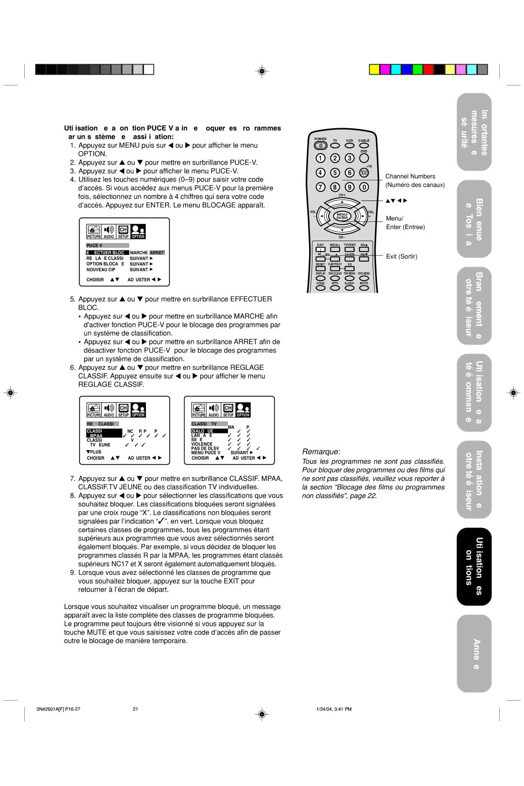 Toshiba 27A44 appendix Appuyez sur Menu puis sur ou pour afficher le menu, Option 