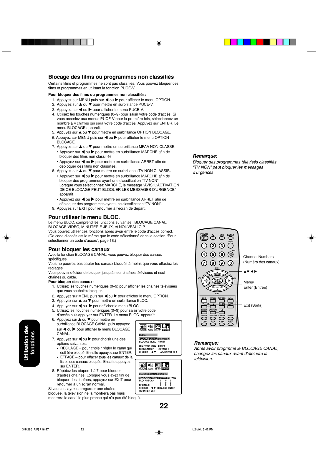 Toshiba 27A44 appendix Blocage des films ou programmes non classifiés, Pour utiliser le menu Bloc, Pour bloquer les canaux 