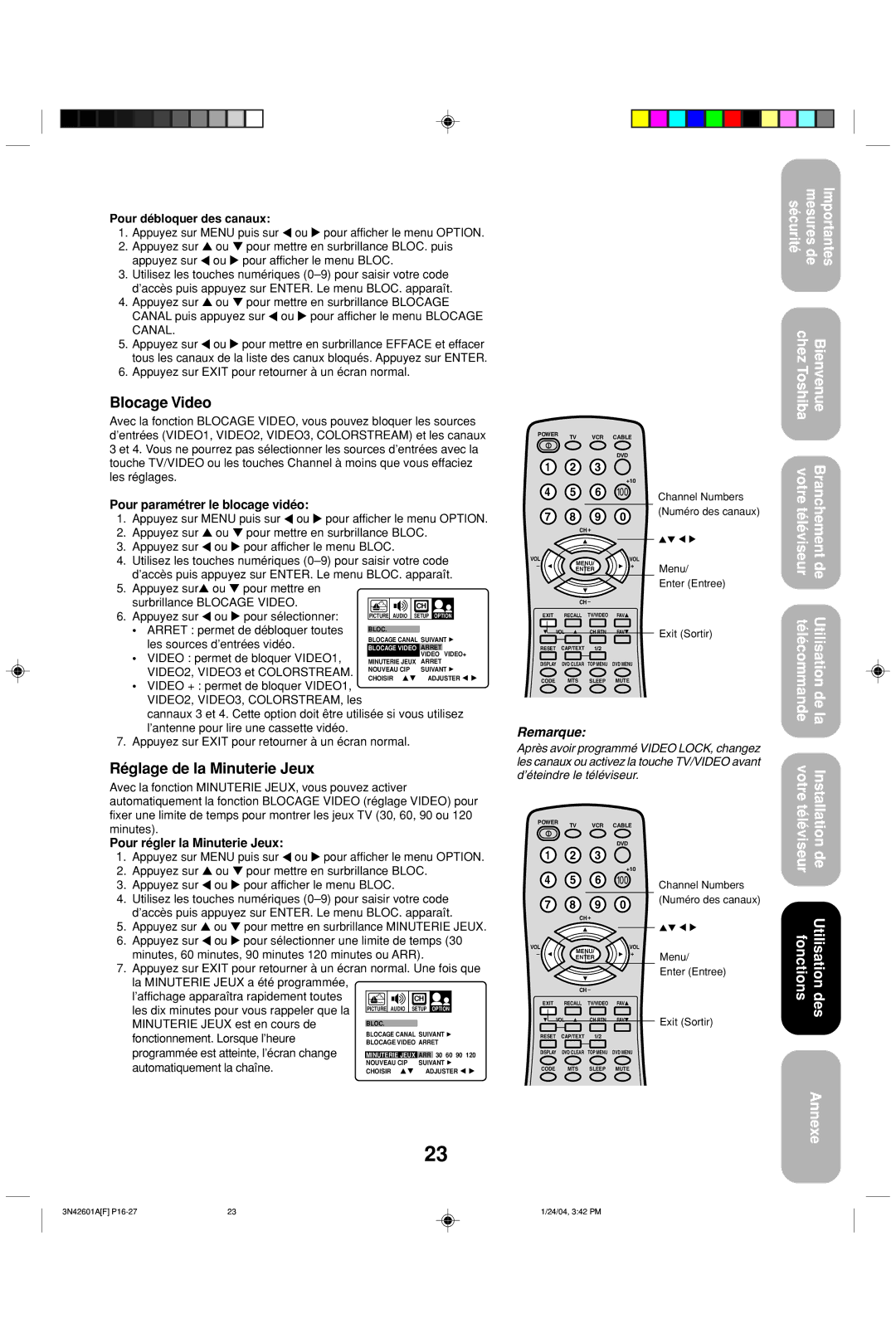 Toshiba 27A44 appendix Blocage Video, Réglage de la Minuterie Jeux 