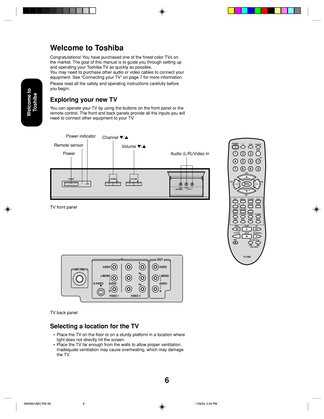 Toshiba 27A44 appendix Welcome to Toshiba, Exploring your new TV, Selecting a location for the TV, Volume 