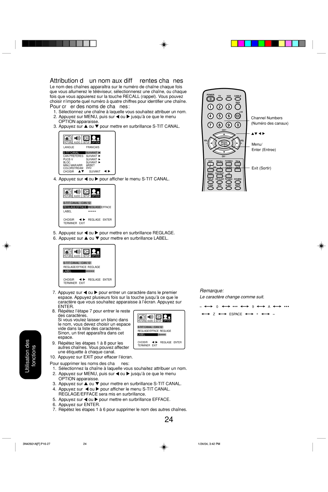 Toshiba 27A44 appendix Attribution d’un nom aux différentes chaînes, Appuyez sur Ou pour afficher le menu S-TIT Canal 