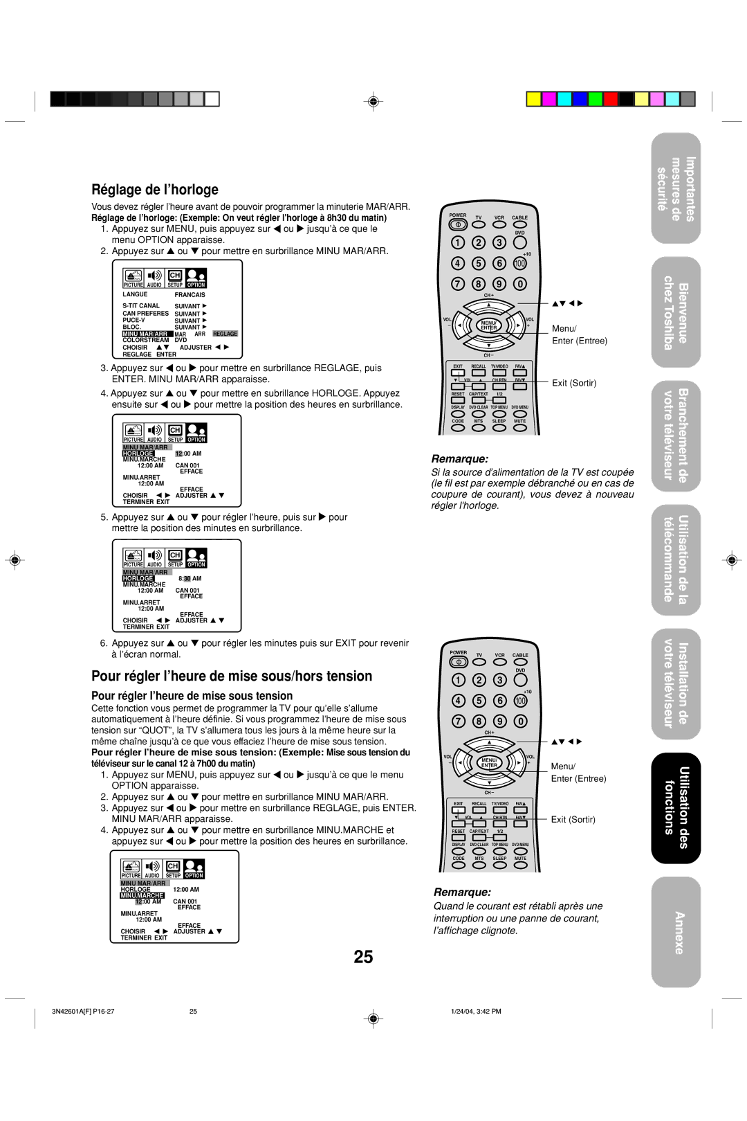 Toshiba 27A44 appendix Réglage de l’horloge, Pour régler l’heure de mise sous/hors tension 