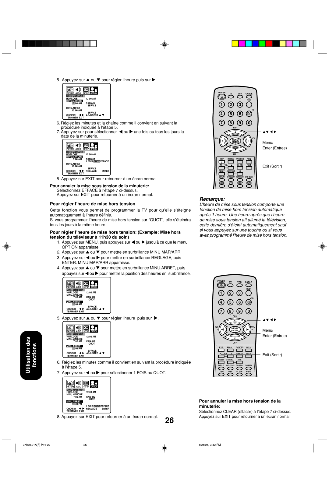 Toshiba 27A44 appendix Pour régler l’heure de mise hors tension, Pour annuler la mise hors tension de la minuterie 