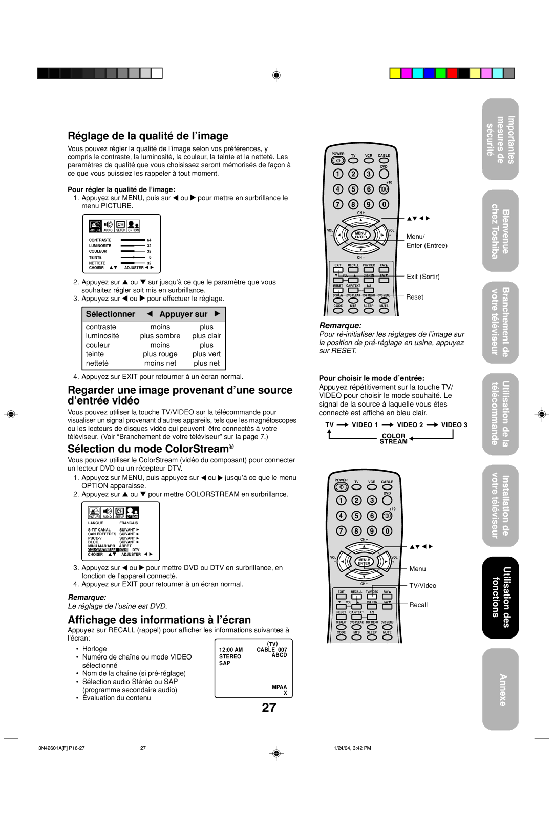 Toshiba 27A44 appendix Réglage de la qualité de l’image, Regarder une image provenant d’une source d’entrée vidéo 