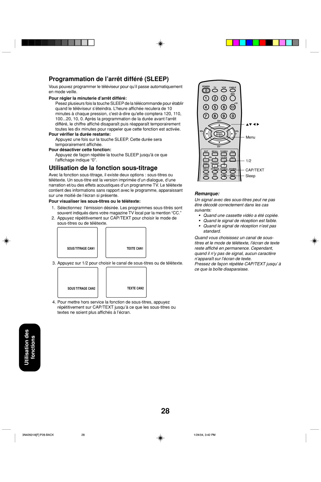 Toshiba 27A44 appendix Programmation de l’arrêt différé Sleep, Utilisation de la fonction sous-titrage 