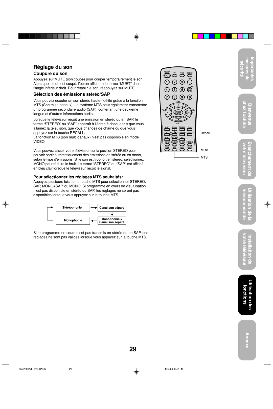 Toshiba 27A44 appendix Réglage du son, Coupure du son, Sélection des émissions stéréo/SAP 