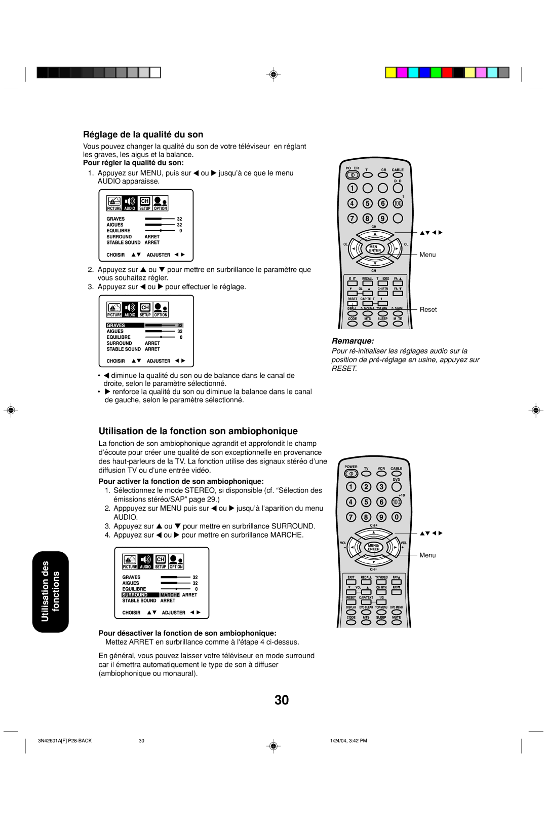 Toshiba 27A44 Réglage de la qualité du son, Utilisation de la fonction son ambiophonique, Pour régler la qualité du son 